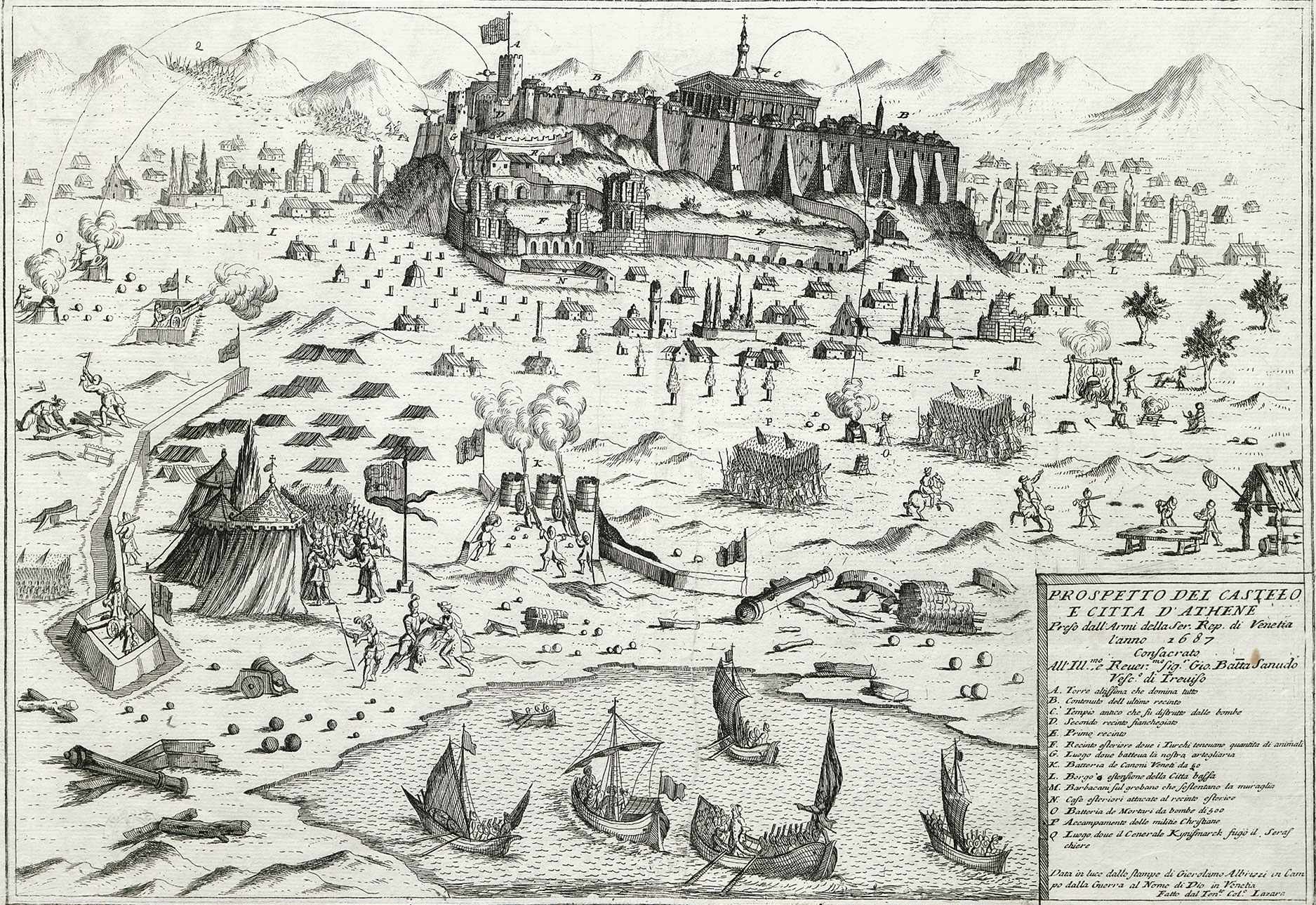 Depiction of the Venetian siege of the Acropolis of Athens in 1687, during the Turkish-Venetian War. The siege resulted in the destruction of a large part of the Parthenon, which the Turks used as an ammunition storage site.