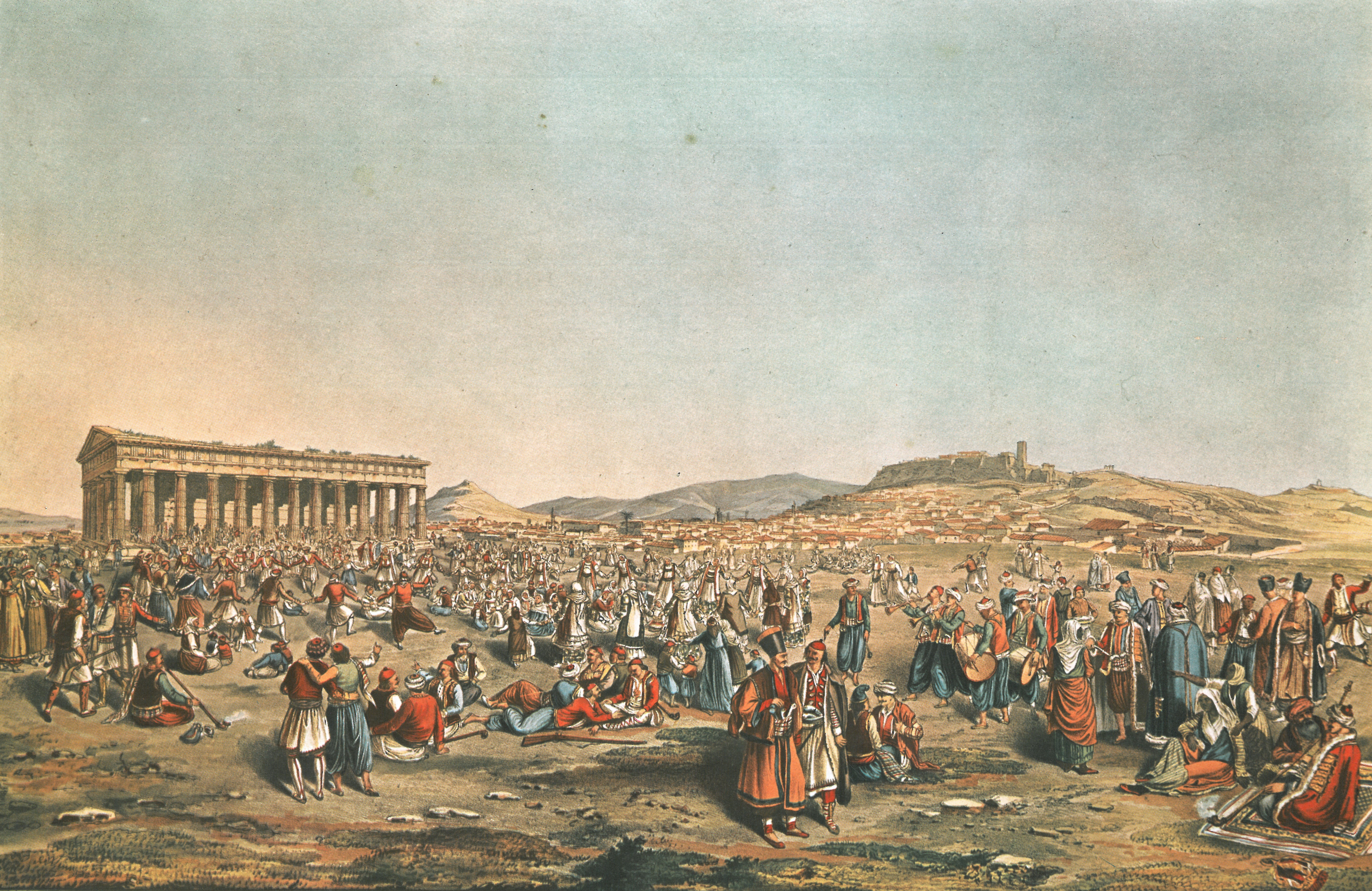Folk festival ("Rusalia") at the west side of Thesseion (ancient Greek temple of Hephaestus), held once a year (on Tuesday of the Renewable Week, just after Easter) before the liberation Greece, towards the end of the Ottoman rule in Greece. ORIGINAL TITLE:
"Festival at Athens before the Temple of Theseus".