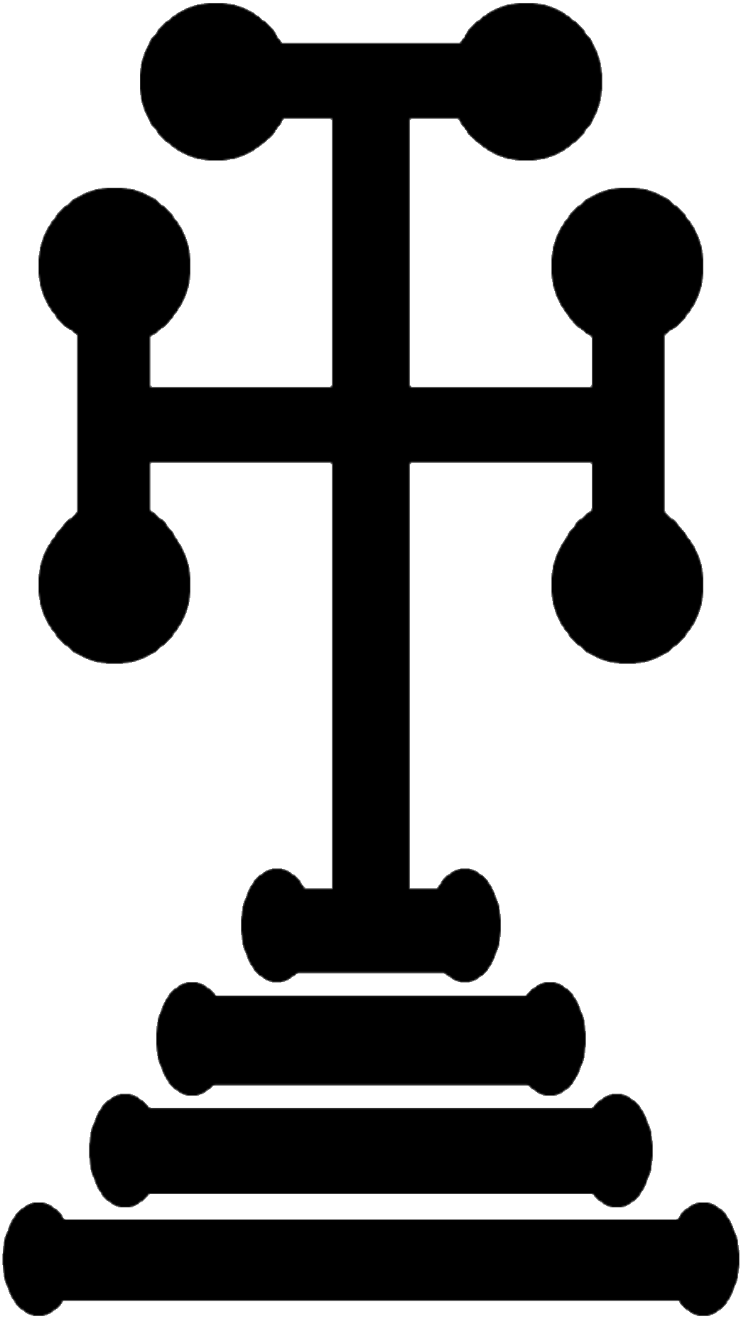 The "Calvary cross potent" standing on a number of steps was minted on solidus coins (also shows without the steps on tremissis coins) by various Byzantine emperors, mainly in the 7th century during the reign of Heraclian dynasty and after. Also similar or identical was used by the Lombard princes in Italy (see here).