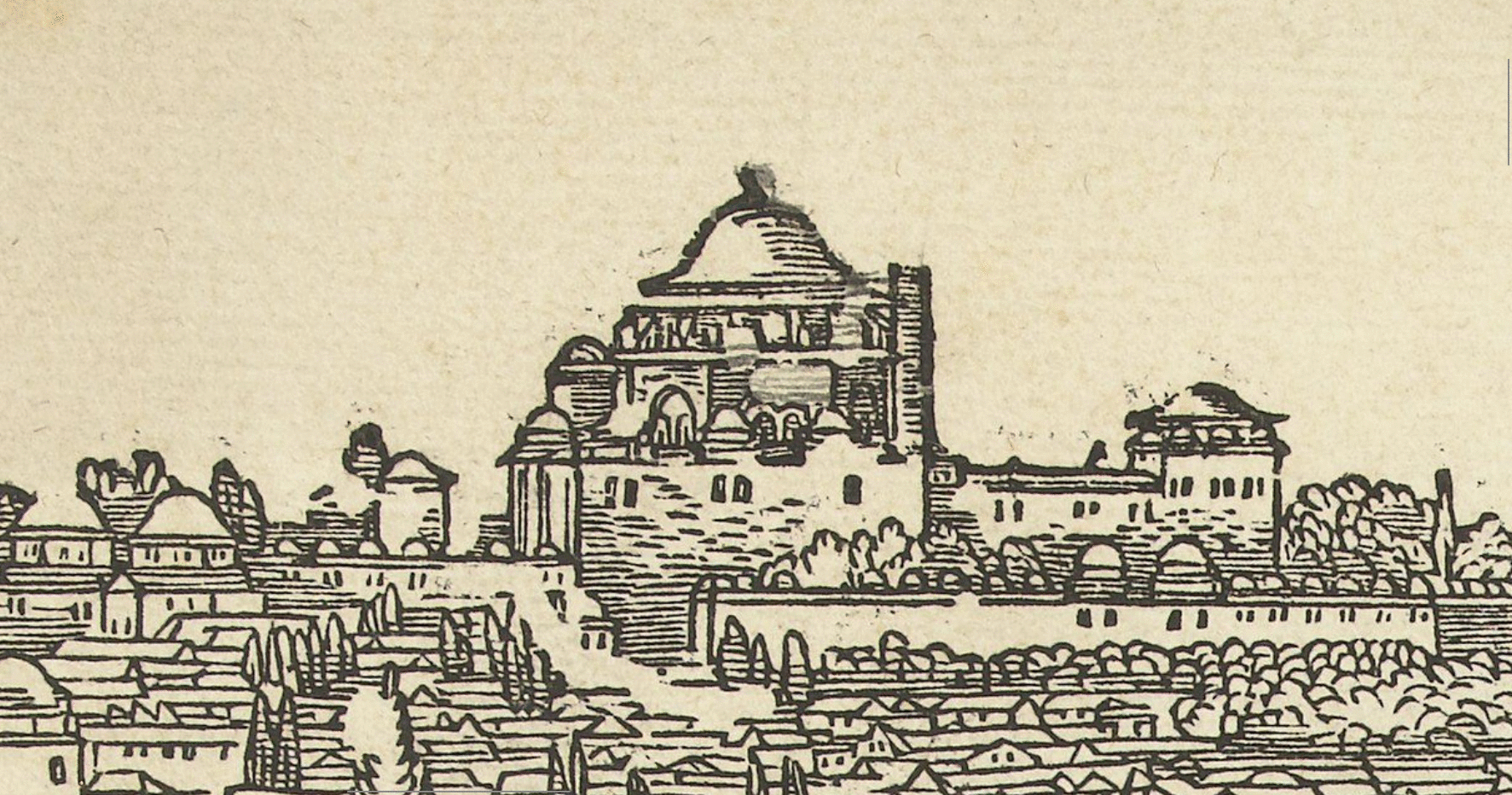 A woodcut by Coecke, made in about 1529, showing the Fatih mosque with its truncated minarets from the effect of the 1509 earthquake in the Sea of Marmara, Turkey.