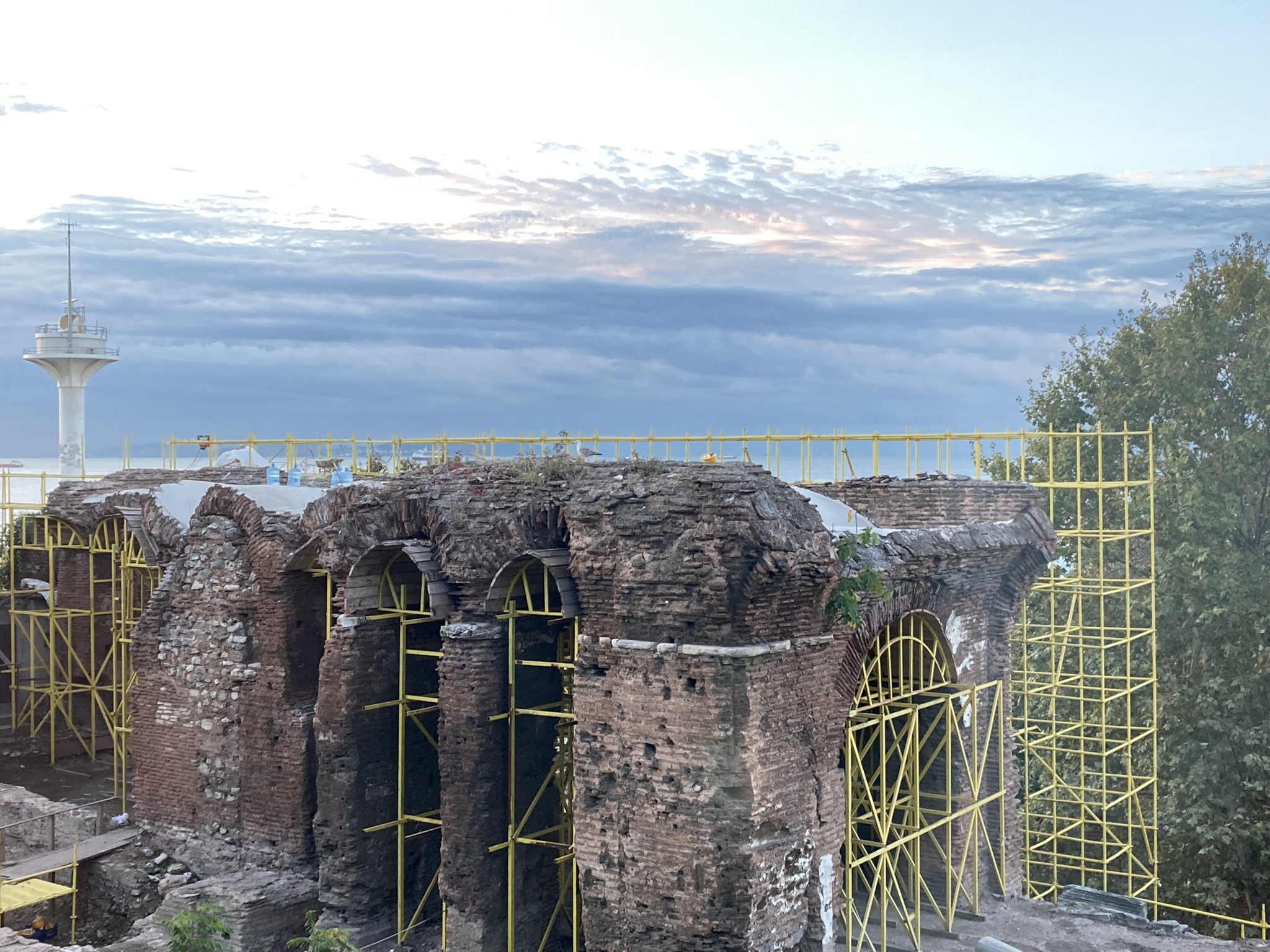 Ongoing restoration work of the Boukoleon palace in Istanbul in October 2022. View is roughly from the Northwest. Yellow scaffolding and supports are visible.