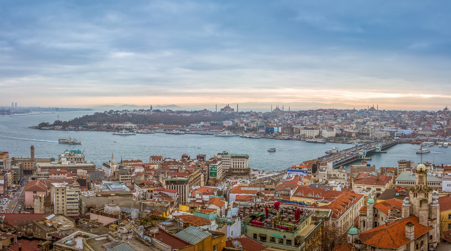 Panorama of Istanbul taken from Galata tower. From left to right you can see the asian side of the city, Topkapi palace, Hagia Sophia, the Blue Mosque, Galata bridge and Yeni Mosque.