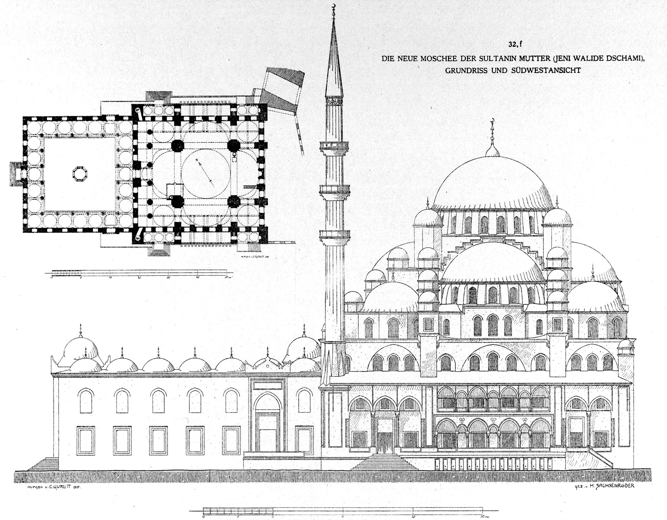 Elevation and plan of the New Mosque (Yeni Camii) situated at the southern end of the Galata Bridge in the Eminönü neighbourhood of Istanbul