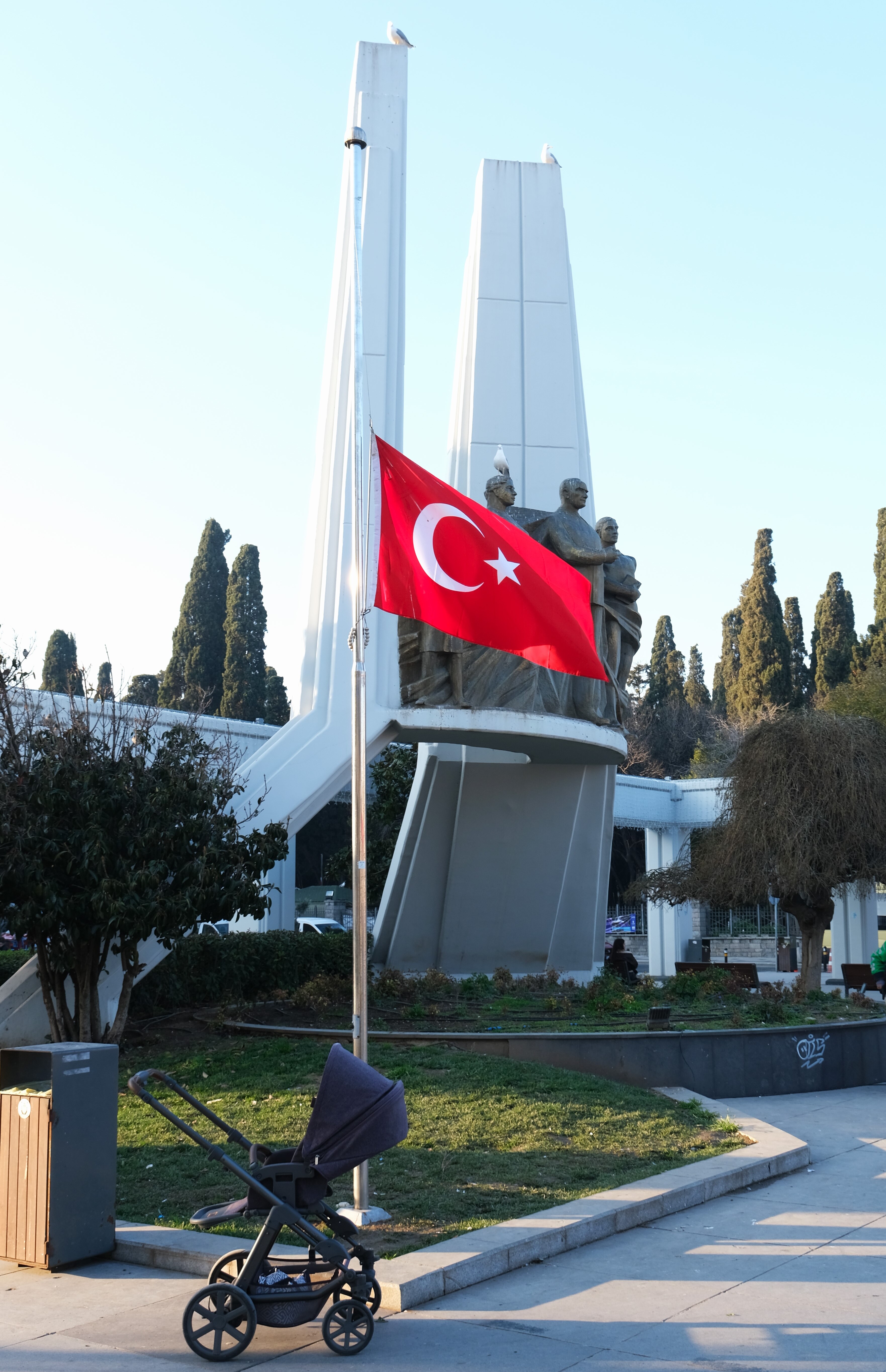 Turkish flag half mast following the Kartalkaya hotel fire, Bakırköy, Istanbul, Turkey.