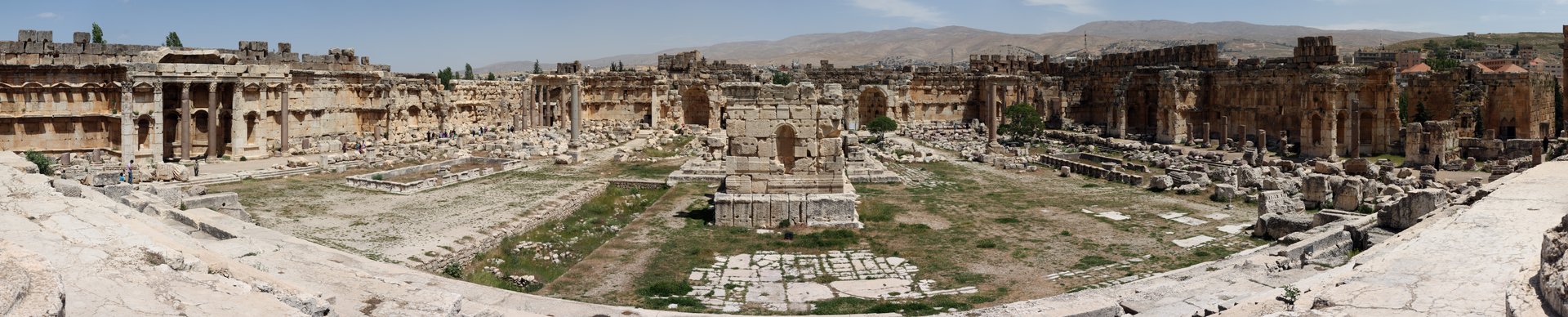 Panoramic view of the Great Court of Baalbek temple complex, in Lebanon.