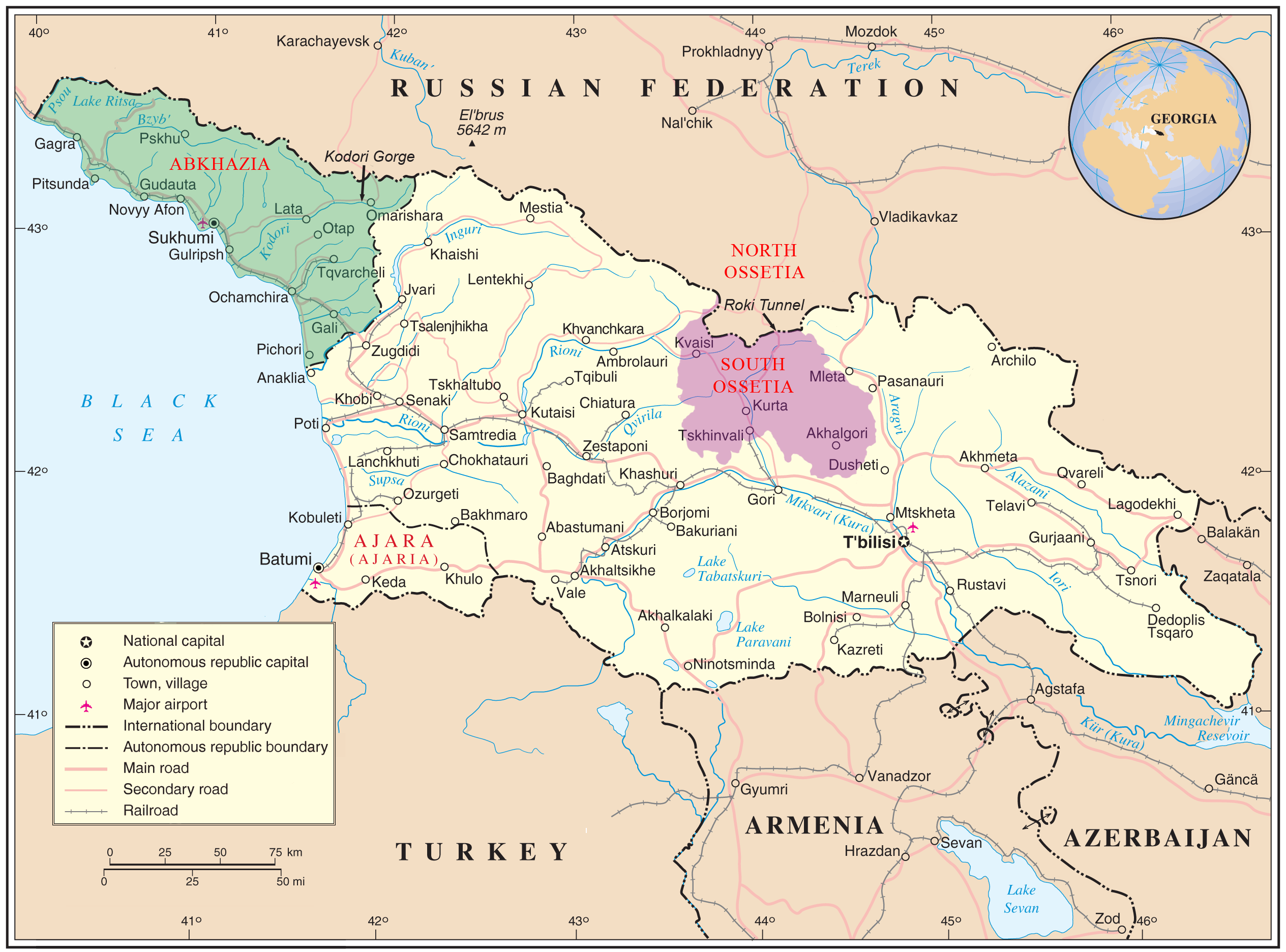 Map of Georgia showing the autonomous republics of Abkhazia (de facto independent) and Adjaria, and the de facto independent region of South Ossetia.