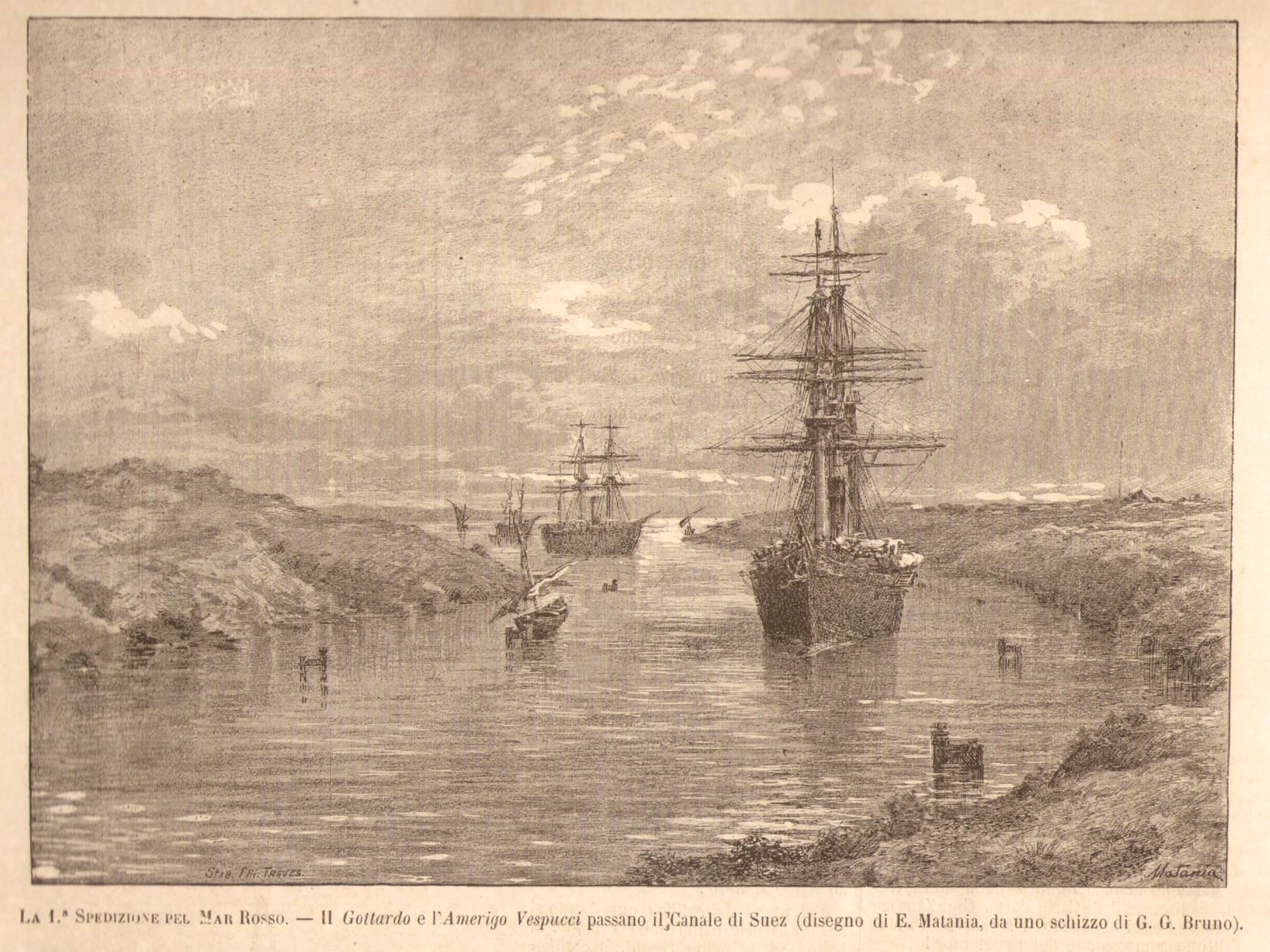 The Italian ships "Gottardo" and "Vespucci"  sailing in the Suez Canal during the Italian expedition to the Red Sea in 1885.