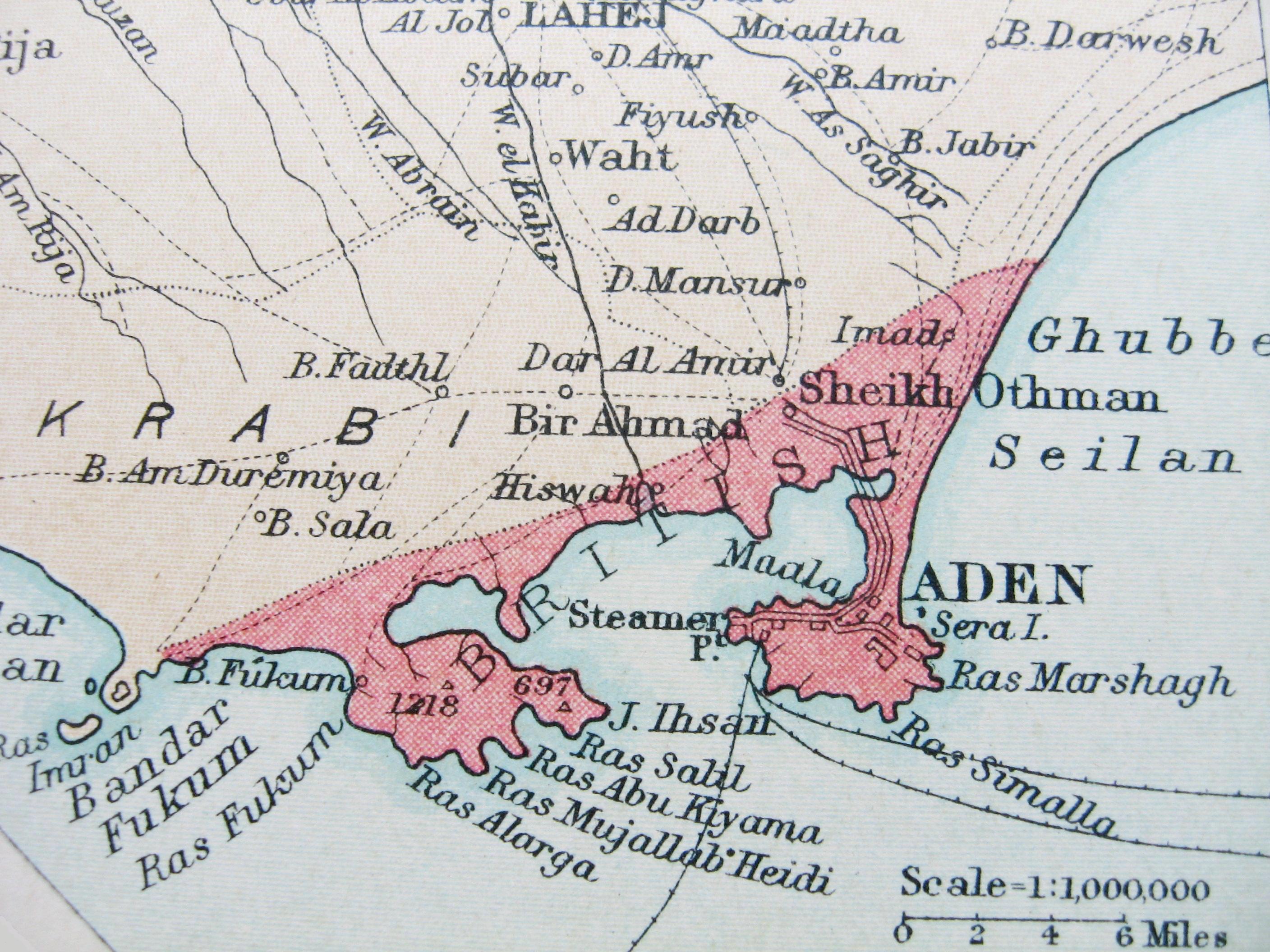 Segment of a 1922 map showing the 75 sq. mi. territory of British Aden, under direct British rule. The 'Aden Protectorate', the considerably larger hinterland, was under indirect British rule. 
The port city of Aden was captured by the East India Company in 1839 and until 1932, British Aden was a dependency of the Bombay Presidency ('Aden Settlement'). From 1932 to 1937, it was placed under the direct rule of the Viceroy of India ('Chief Commissioner's Province of Aden'). In 1937, the dependency became a Crown Colony ('Aden Colony') under the authority of the Colonial Office in London. In 1963, under the name 'State of Aden', it became a member of the British-protected Federation of South Arabia. Cropped from an insert of plate 78 (Egypt, the Nile and the Red Sea) of The Times Survey Atlas of the World published in 1922.