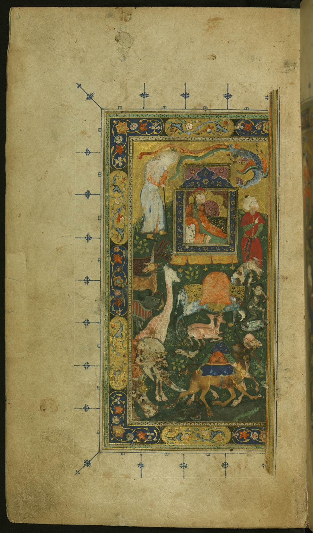 The left side of this double-page illustrated frontispiece from Walters manuscript W.631 depicts Queen Sheba (Bilqis) enthroned. She is surrounded by attendants and animals, both real and fantastic. Above her is a flying mythical bird (simurgh).