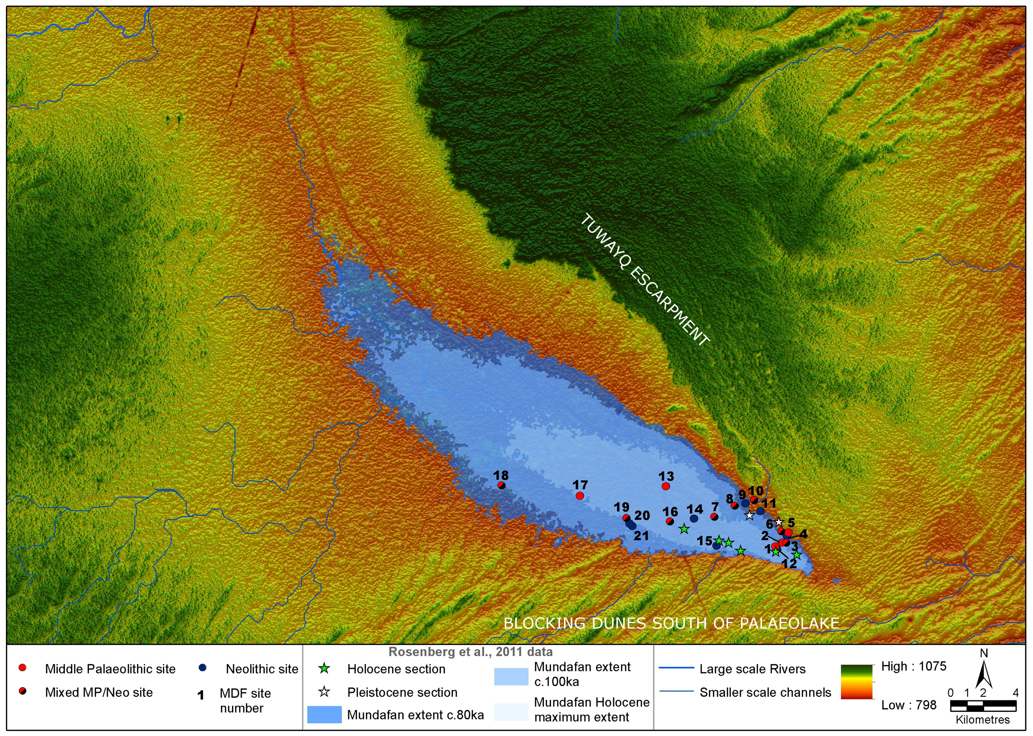 With palaeolake section locations and inferred extent data from Rosenberg et al., [23]. Data is overlain upon Aster GDEM2 elevation data.