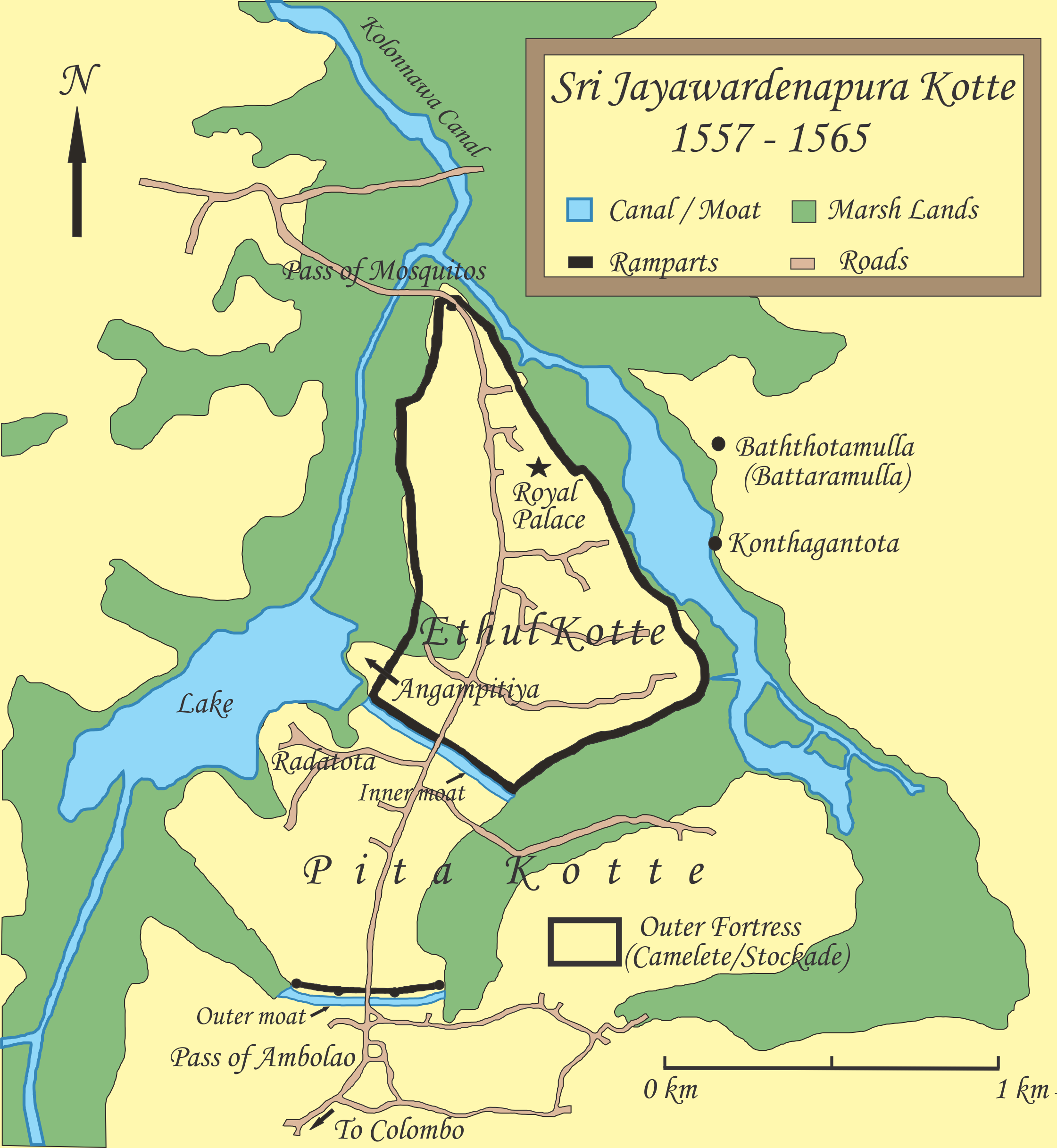 Map of Sri Jayawardenapura Kotte and its defenses from 1557 - 1565. Map based on following sources;
- Map of Sri Jayawardenapura Kotte by historian Douglas D. Ranasinghe.
-Details in “Fernao de Queyroz. The temporal and spiritual conquest of Ceylon. AES reprint. New Delhi: Asian Educational Services; 1995. ISBN 81-206-0765-1”

-Map of Jayawardenapura Kotte and environ “Paul E.Peiris. Ceylon the Portuguese Era: being a history of the island for the period, 1505-1658 - Volume 1. Tisara Publishers Ltd:Sri Lanka; 1992. p 142-143”