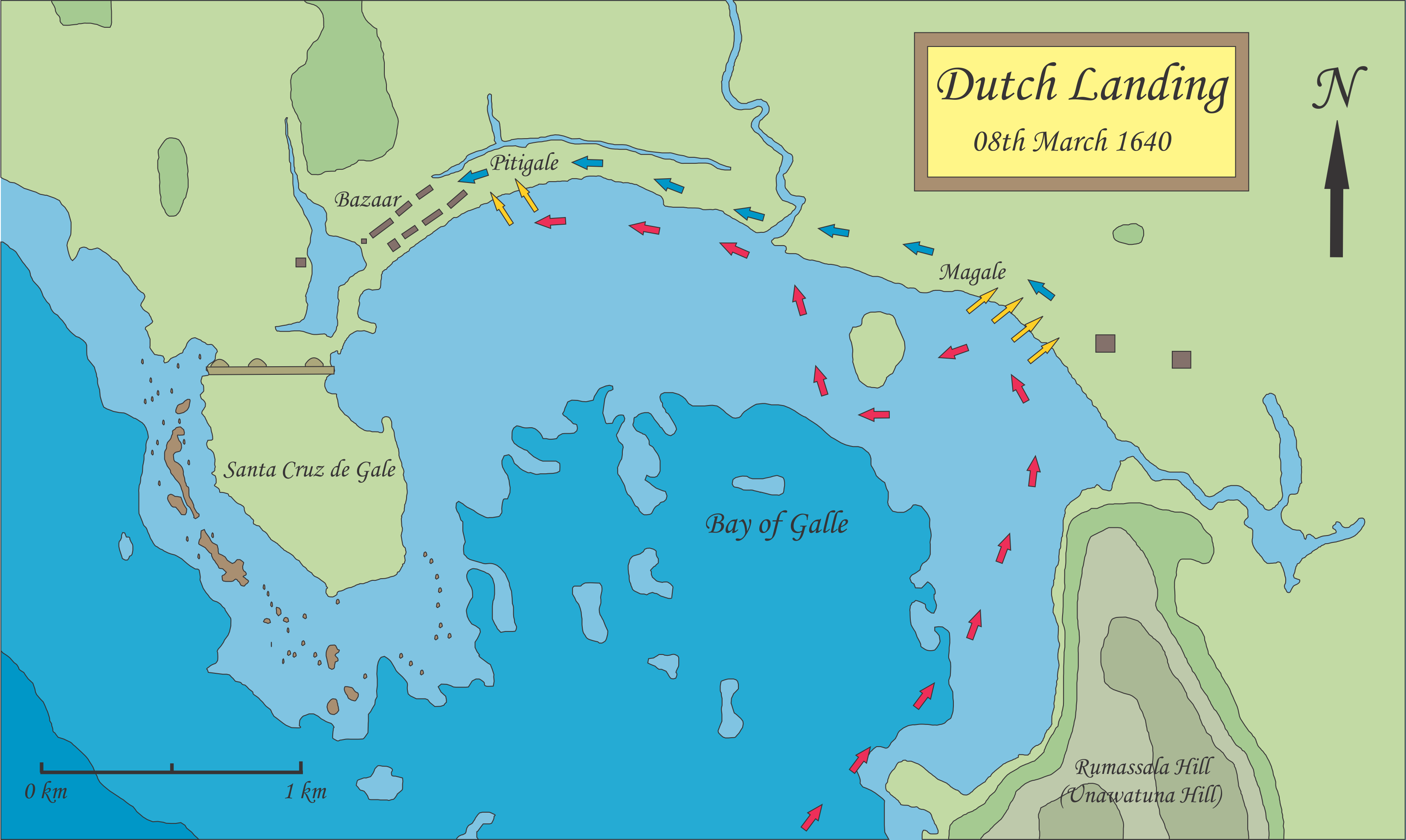 Map showing the landing sites of Dutch troops on 08th March 1640, during the Siege of Portuguese fort Santa Cruz de Gale at Galle. Red arrows show the route taken by the launches while the blue arrows show the advance of Dutch infantry. Launches landed the troops at Magale and unloaded the siege artillery at Pitigale.
Map based on details in,

Fernao de Queyroz. The temporal and spiritual conquest of Ceylon [SG Perera, Trans]. AES reprint. New Delhi: Asian Educational Services; 1995. p830-831 ISBN 81-206-0767-8
Paul E.Peiris. Ceylon the Portuguese Era: being a history of the island for the period, 1505-1658 - Volume 2. Tisara Publishers Ltd:Sri Lanka; 1992. p271 OCLC:   12552979.