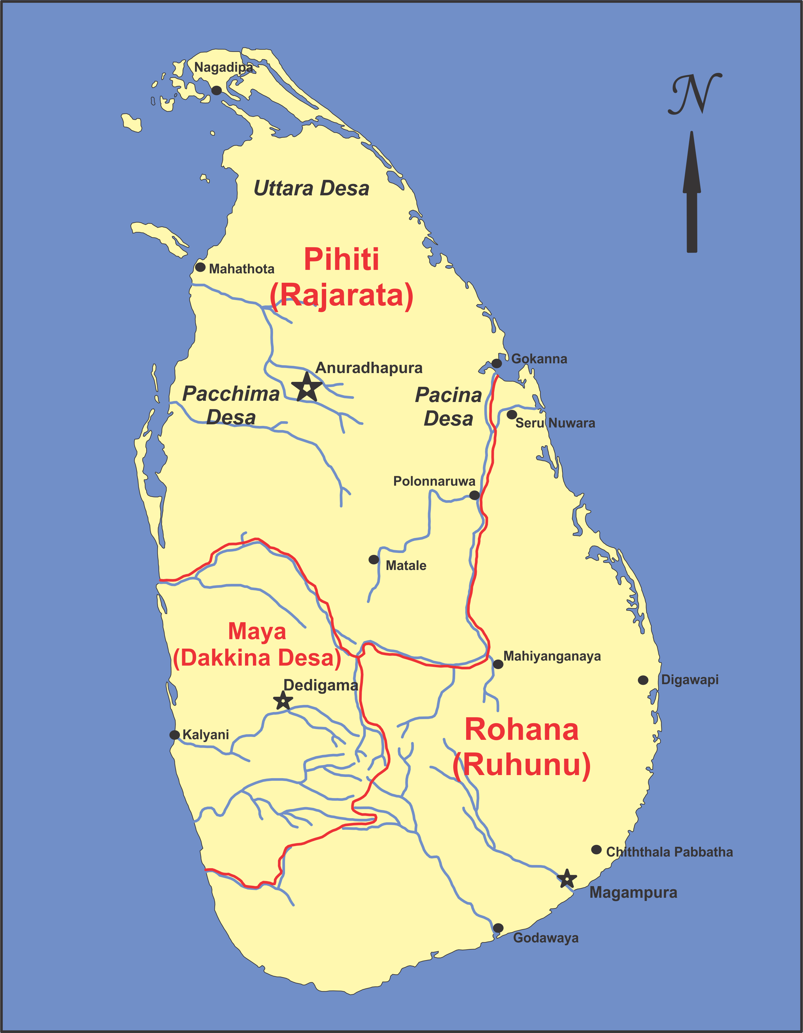 Administrative areas of the Kingdom of Anuradhapura. Rajarata was the personal domain of the King. It was further divided in to four districts (Desa): Dakkina, Pachhima, Uttara and Pacina Desa. District rulers were appointed bu the king and were the chief adminstrative, revenue and judicial officers in the area. It became customary to appoint the heir to the throne as ruler of the Dakkina Desa and as he was called Mahaya or Mapa, Dakkina Desa came to be called the Mayarata.
Source: 'Ceylon and Indian History', LH Horace Perera &amp; M Ratnasabapathy. (1954), p191-192.