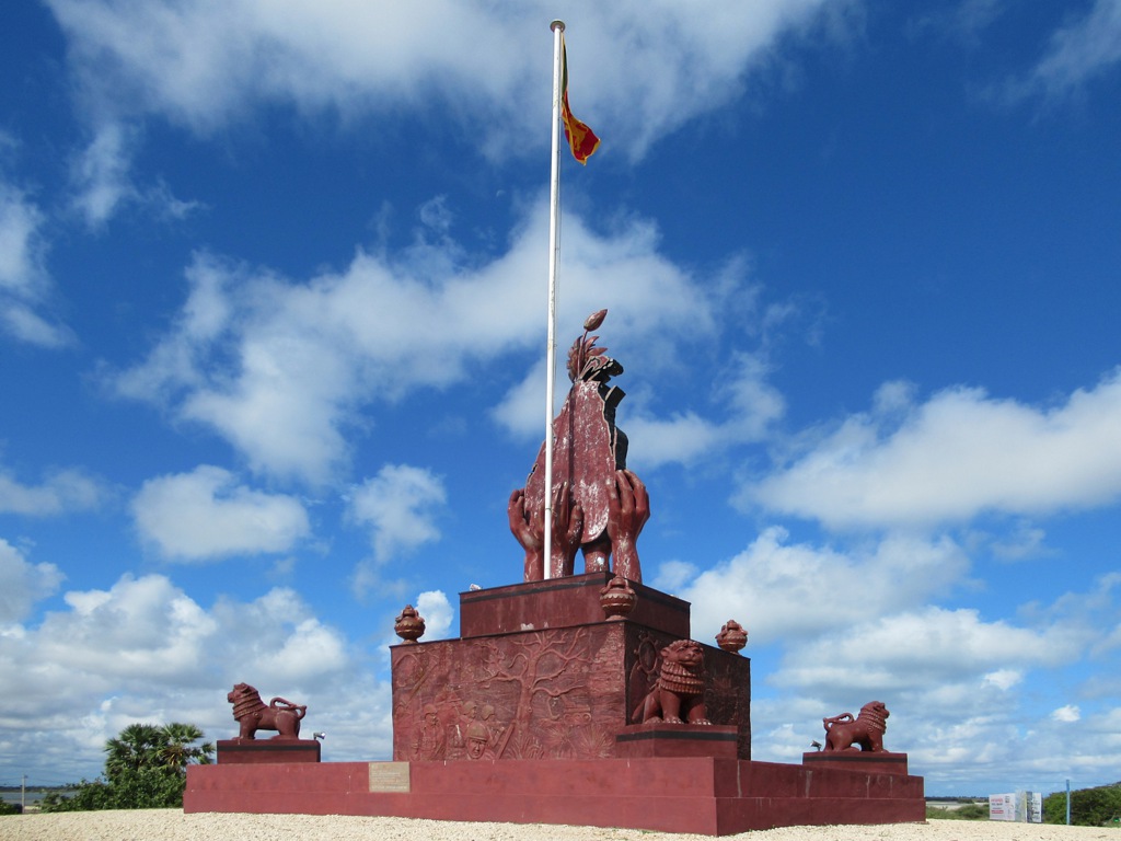 An army monument overlooks Elephant Pass, a strategic channel crossed by a causeway where many pivotal battles took place during the 1983-2009 Sri Lankan civil war.