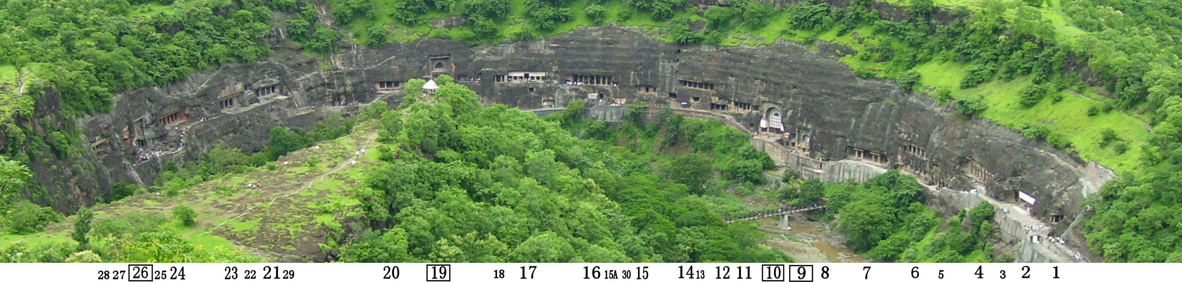 Ajanta caves full panorama with cave numbers