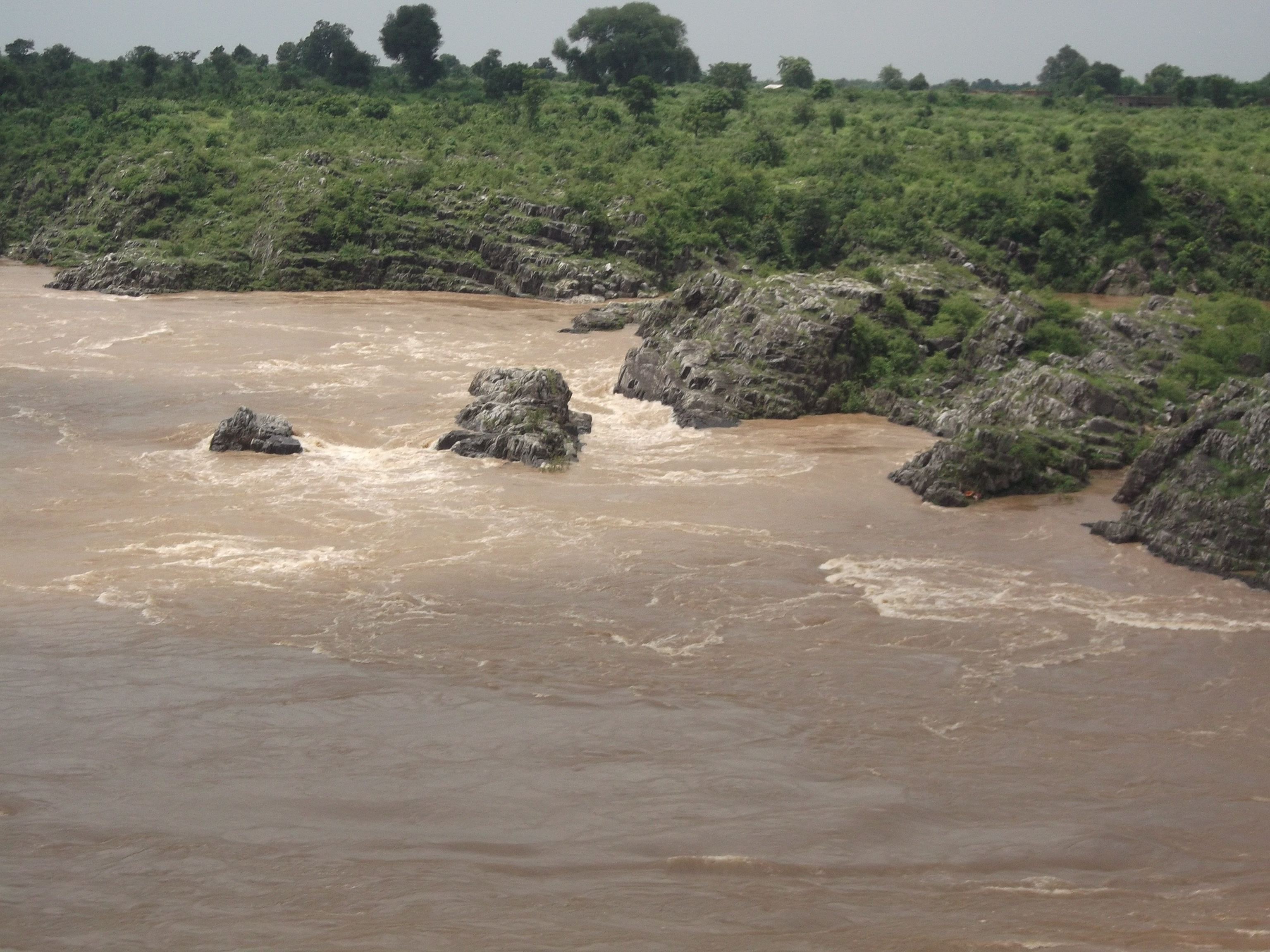 narmada river flowing voilently during the monsoons near bedaghat,MP,India..