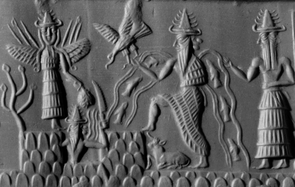 Detail of The Adda Seal. The figures can be identified as gods by their pointed hats with multiple horns. The figure with streams of water and fish flowing from his shoulders is Ea (Sumerian Enki), god of subterranean waters and of wisdom. Behind him stands Usimu, his two-faced vizier (chief minister).
At the centre of the scene is the sun-god, Shamash (Sumerian Utu), with rays rising from his shoulders. He is cutting his way through the mountains in order to rise at dawn.

To his left is a winged goddess, Ishtar (Sumerian Inanna). The weapons rising from her shoulders symbolise her warlike characteristics.
