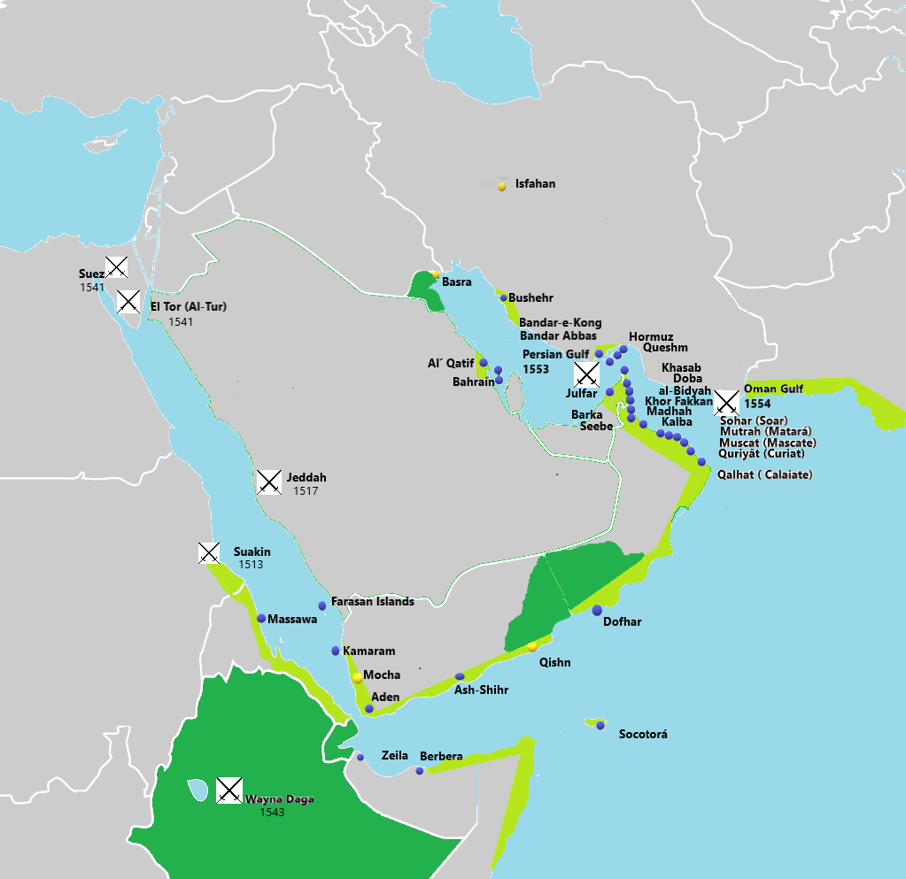 Dominios portugueses en Omán, Golfo Pérsico y Mar Rojo Verde Claro - Territorios portugueses y principales localidades. Verde oscuro - Reino aliado o bajo la influencia de los portugueses.