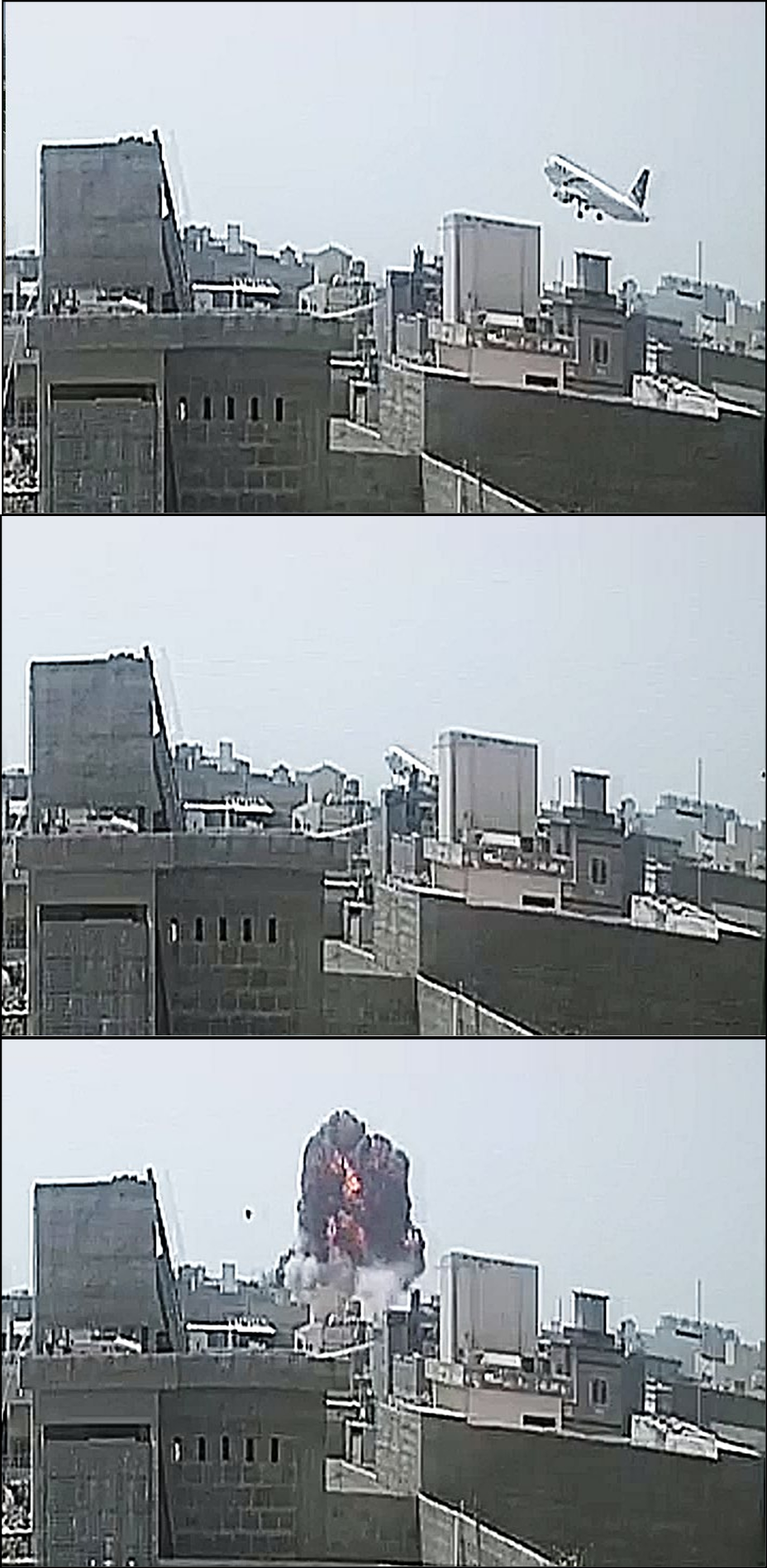 Screenshots from CCTV footage that show Pakistan International Airlines Flight 8303 crashing into Model Colony, Karachi after a dual engine failure.