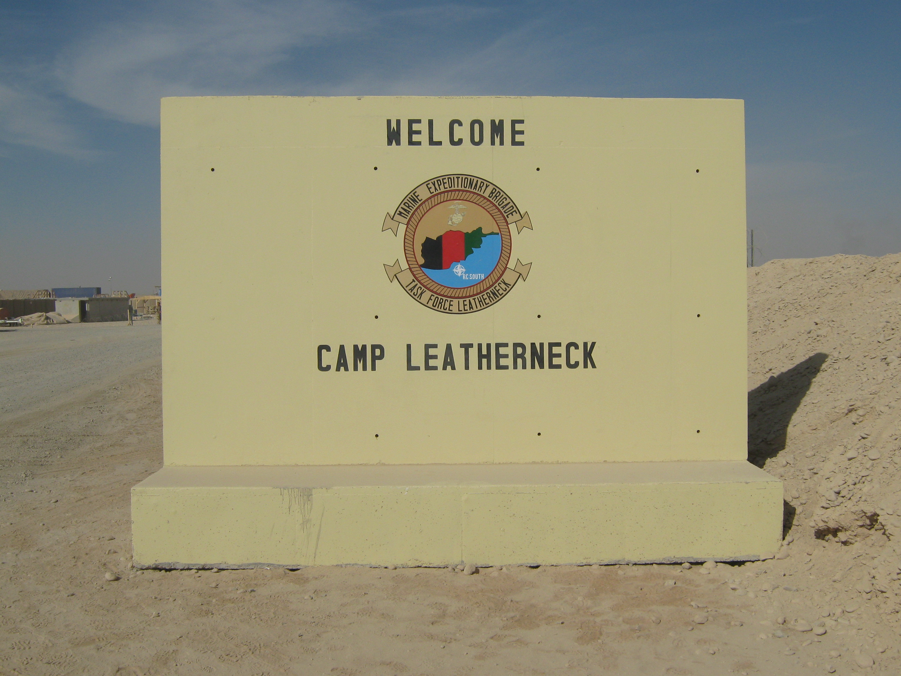 Sign at entrance to Camp Leatherneck, Afghanistan on the approach from Camp Bastion.  This is the original sign at Camp Leatherneck.