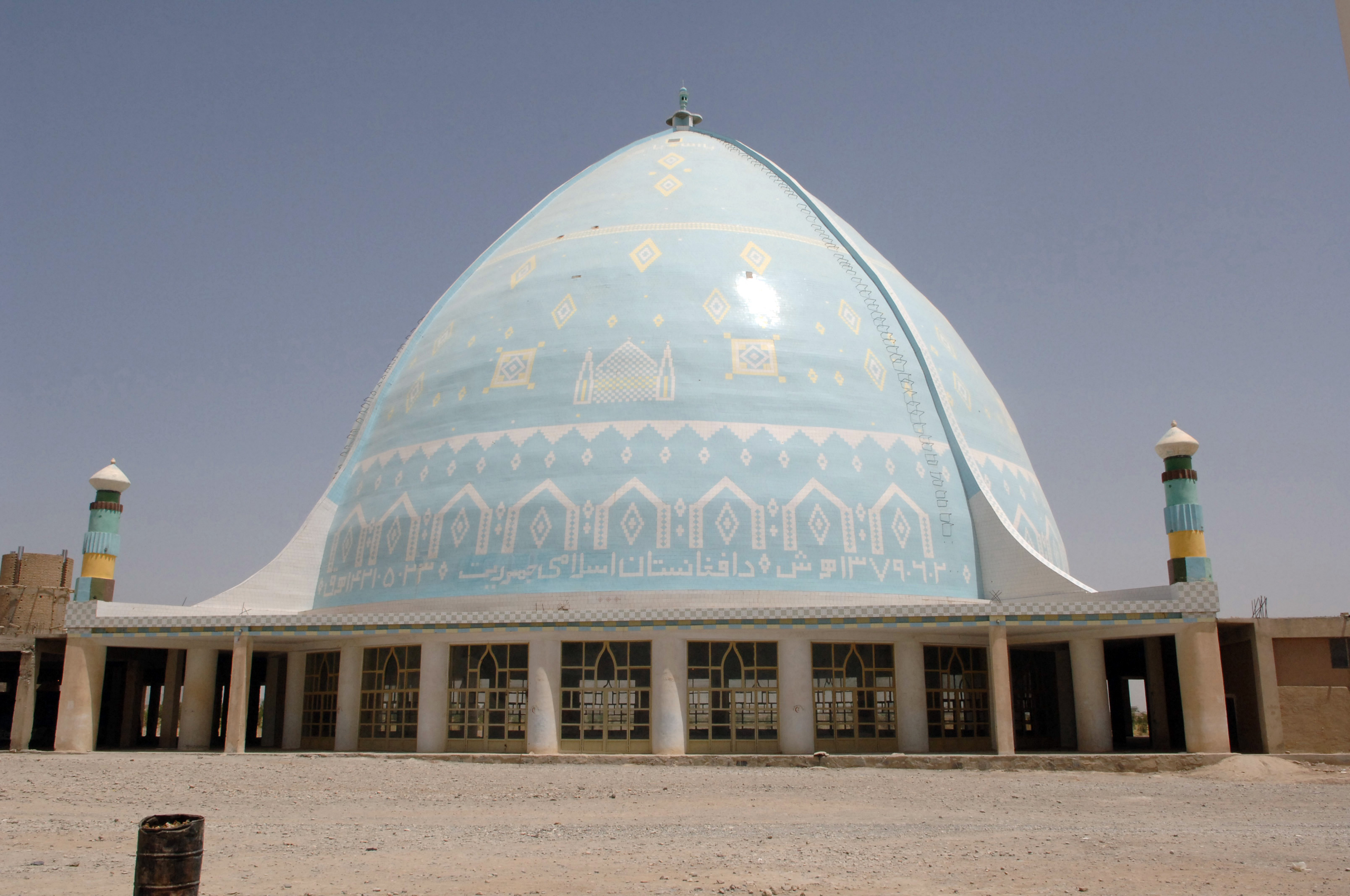 A front view of the Mosque of the University of Kandahar on August 17, 2005. The mosque along with the new buildings were constructed near by the Lowala River at the town of Kandahar, Afghanistan. (US Army photo by PFC Leslie Angulo) (Released) (Released to Public)