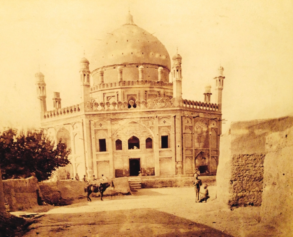 Photograph of the entrance to the tomb of Ahmad Shah Abdali [alt. known as 'Ahmad Shah Durrani'] in Kandahar, Afghanistan, by Benjamin Simpson, ca.1880.