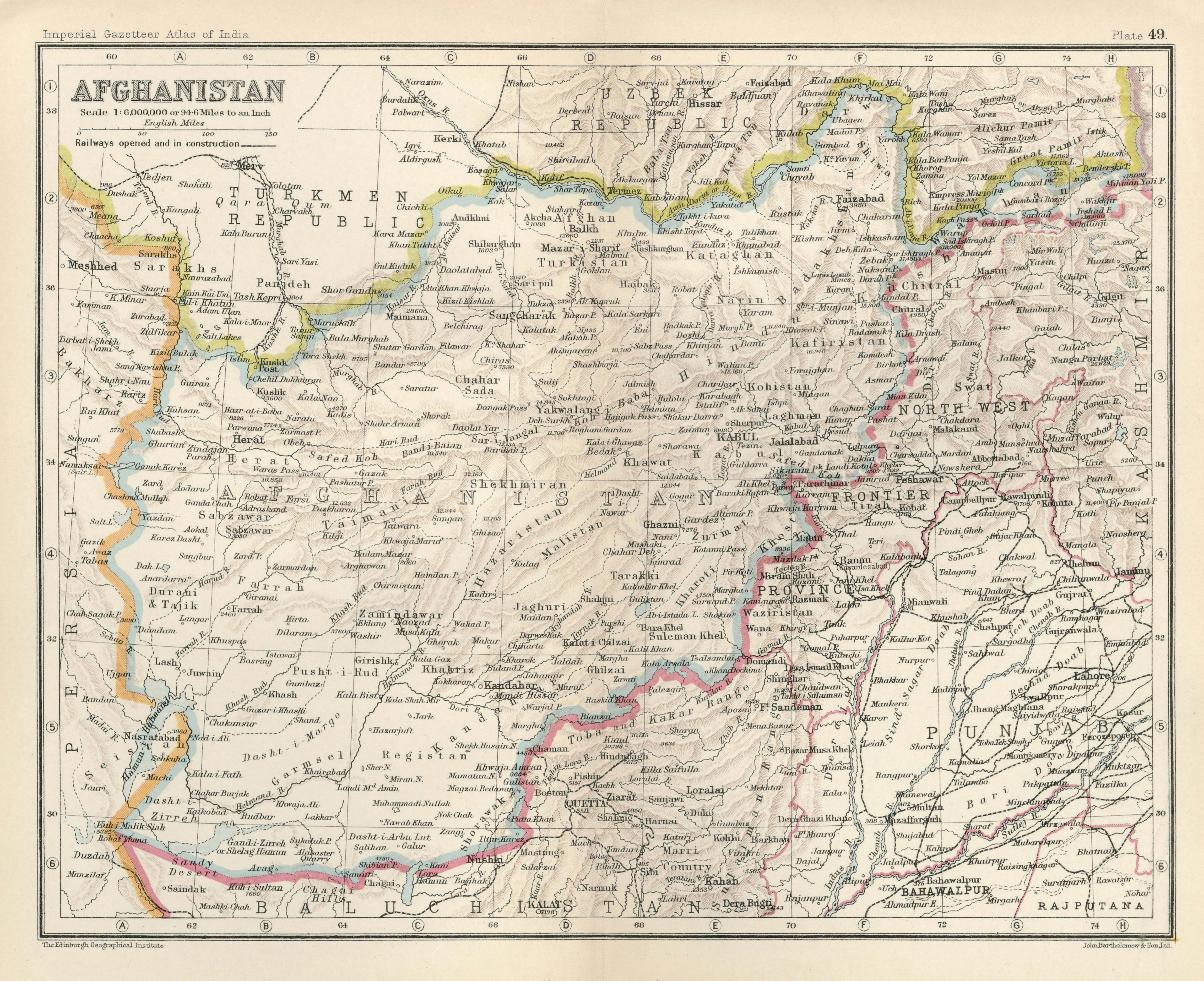 Map of Afghanistan [Kingdom of Afghanistan], published in the 'Imperial Gazetteer of India' (Vol. XXVI, Atlas; 1931 revised edition; plate no. 49). 
Published under the authority of the Government of India, published by Oxford University at the Clarendon Press in 1931. Imperial Gazetteer Atlas of India / The Edinburgh Geographical Institute / John Bartholomew &amp; Son, Ltd.
Title and plate no. of the map in the index of the publication: "" (plate no. 49)
Full title and subtitle of the map in the actual map: 'Afghanistan'
Category: Provincial map

Scale: 1 : 6,000,000