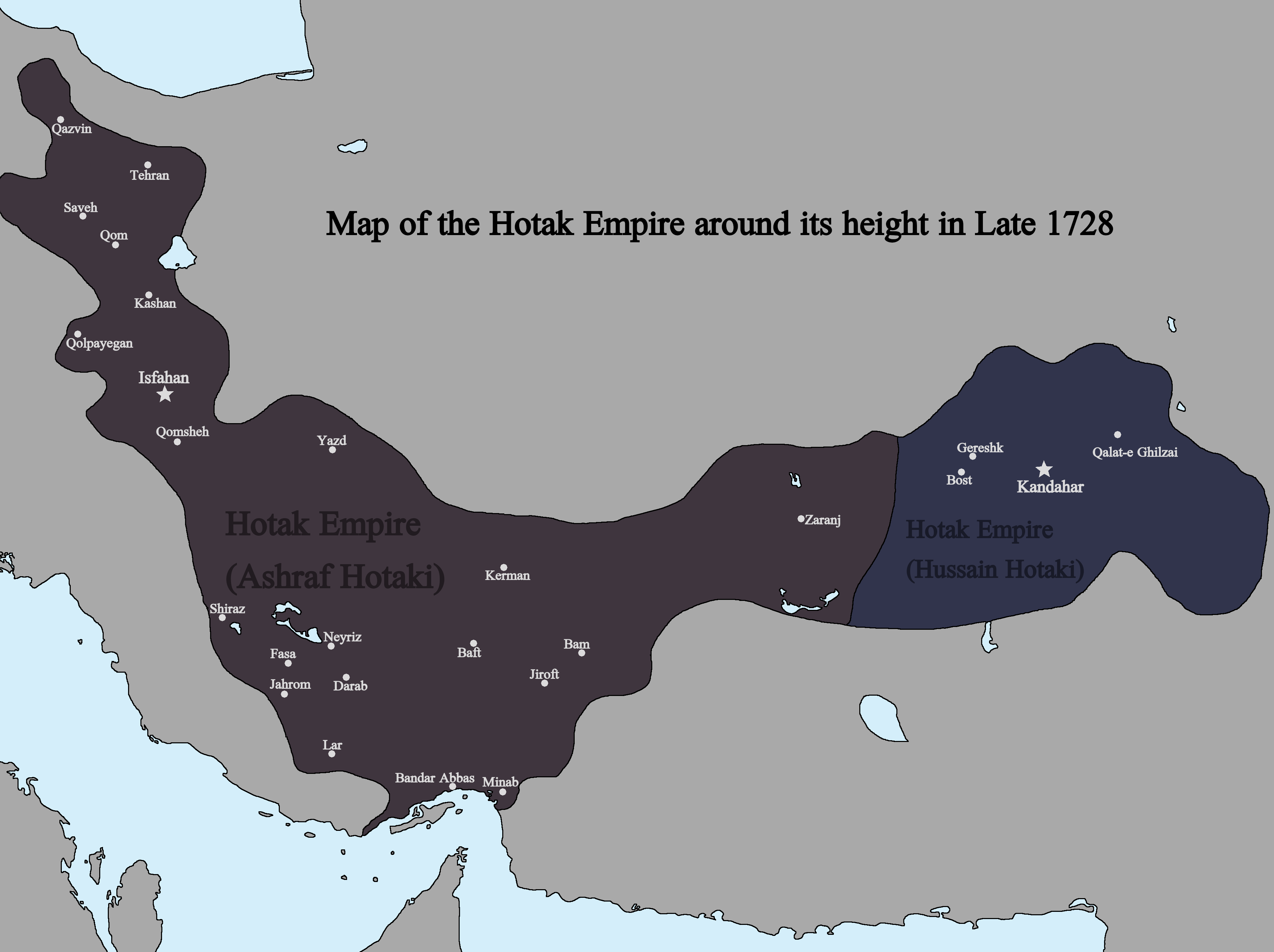 Map of the Hotak Empire around late 1728. Sources consulted in the making of this map include:
The Fall of the Safavi Dynasty and the Afghan Occupation of Persia by Laurence Lockhart
The Afghan Occupation of Safavid Persia 1721-1729 by Willem Floor
Articles from Encyclopedia Iranica
History of the Wars 1721-1738 by Abraham of Erevan and translated by George A. Bournoutian

The Chronicles of a Traveller: Or, A History of the Afghan Wars with Persia by Tadeusz Judas Krusiński