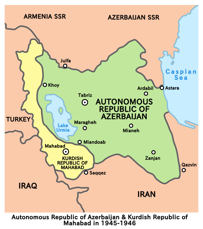 Kurdish Republic of Mahabad and Autonomous Republic of Azerbaijan in 1945-1946.