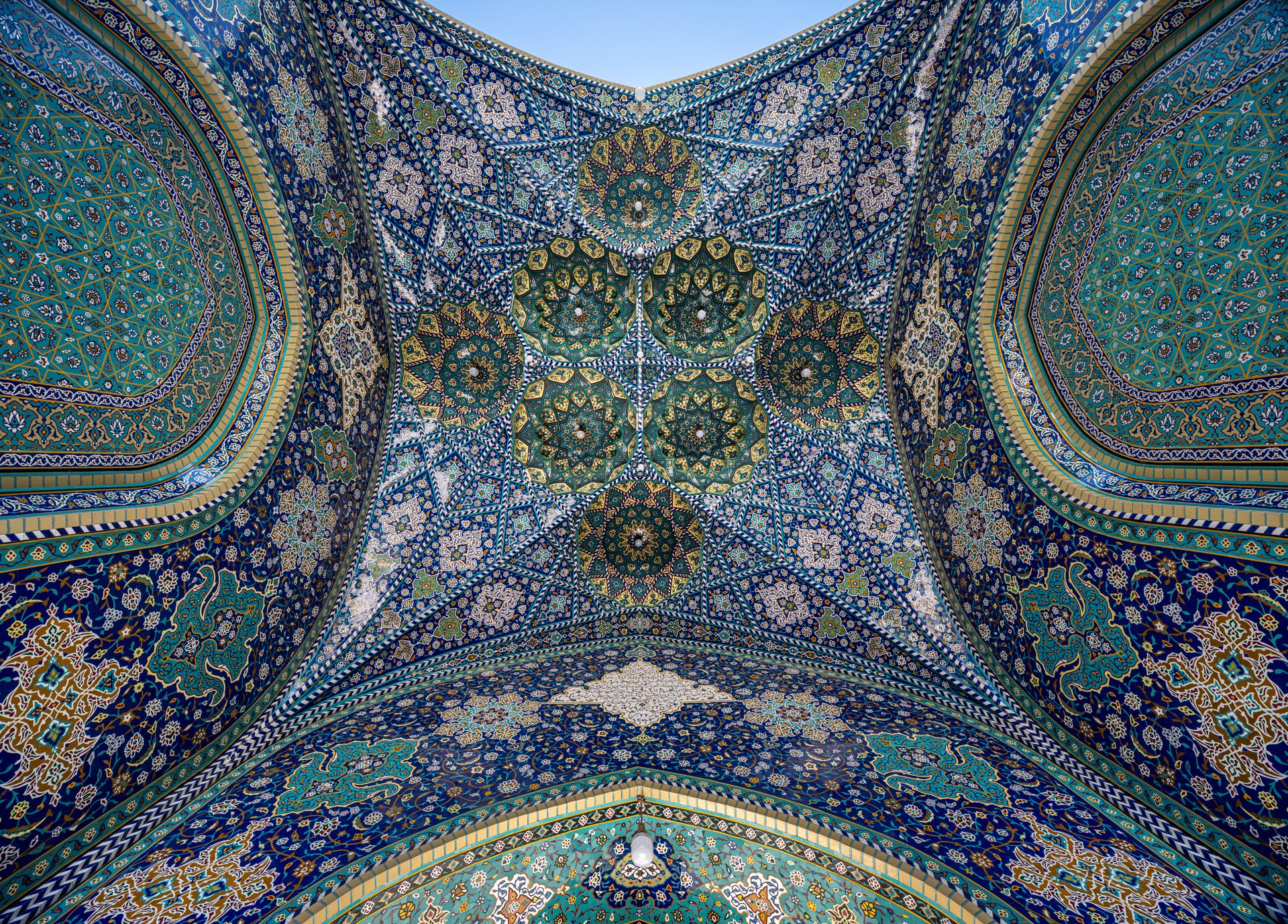 Bottom view of the iwan at one of the entrances at Fatima Masumeh Shrine, Qom, Iran. this picture merged from 25 pictures. 5 frames and each frame contain 5 pictures with 5 levels of exposure. HDR + Panorama