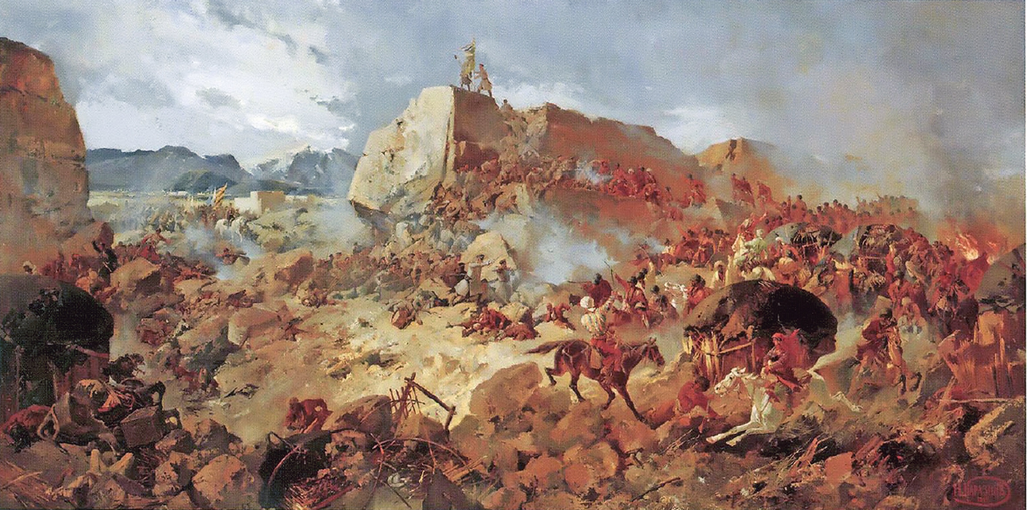 Oil painting depicting a Russian assault on the fortress of Geok Tepe during the siege of 1880-81