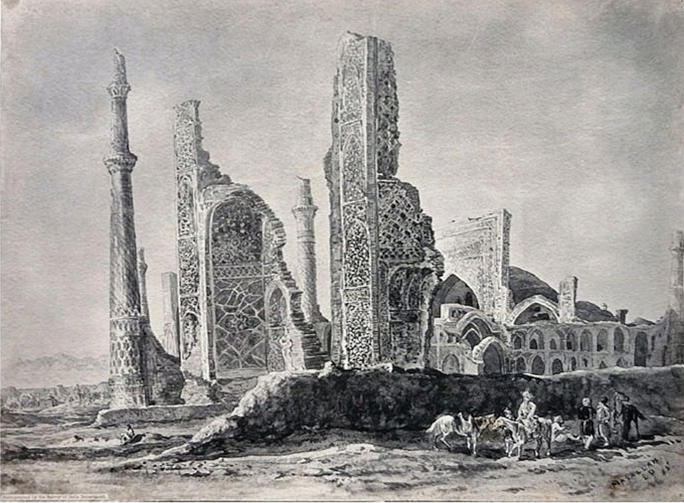 Gawhar Shad Madrasa eastern portal (Herat), from the northeast, with Gawhar Shad Mosque in the background. Durand 1885 (Illustrated London News 87, 1885)