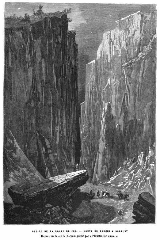 Défilé de la Porte de Fer. — Route de Karchi à Derbent. D'après un dessin de Karazin, publié par L'Illustration russe.