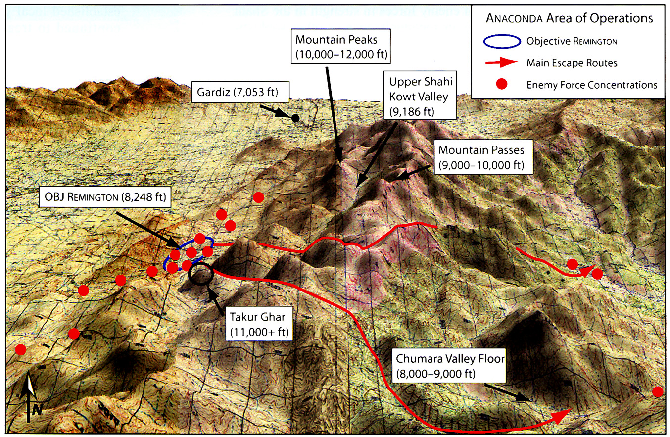 Strategic map for U.S. Army operation Anaconda.  The area outlined in blue is the Shahi Kowt Valley, about one hundred miles south of Kabul, Afghanistan, near the Pakistani border.