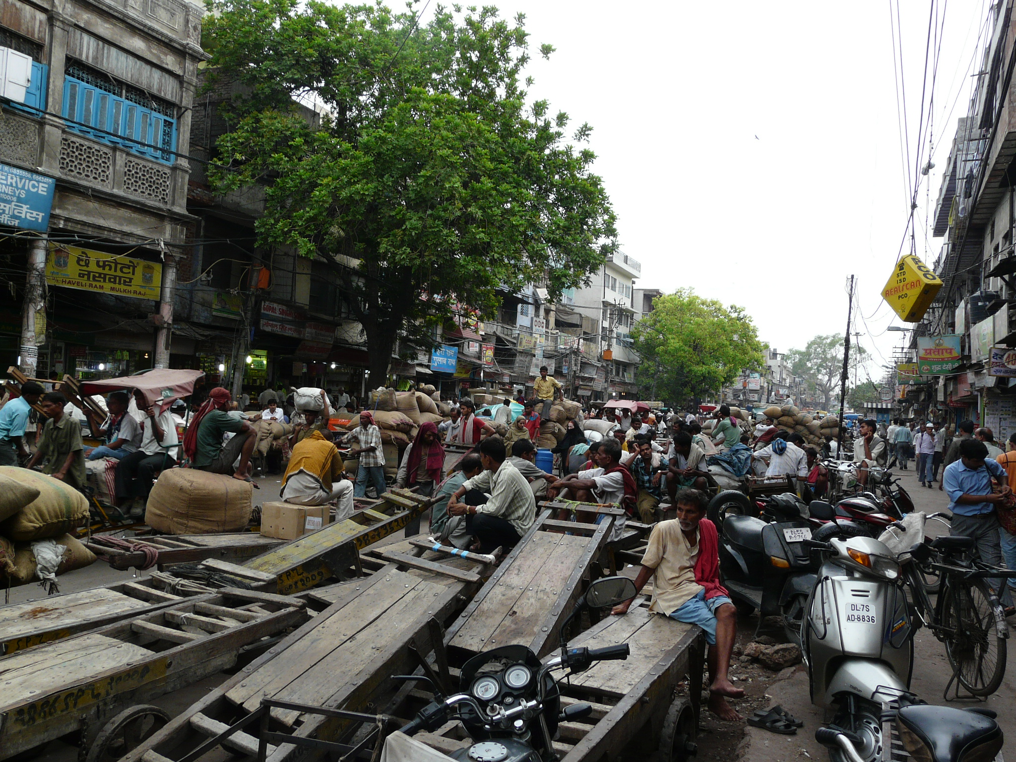 Carts parked on the Khari Baoli Road, Old Delhi.