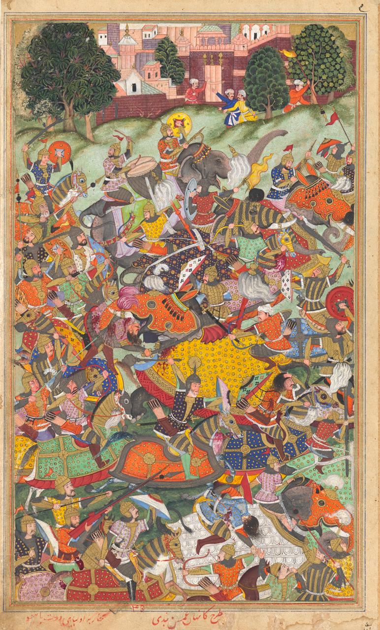 The defeat of Hemu at the Second Battle of Panipat, a c. 1590s painting by Kankar from the Akbarnama. Neither Hemu nor Akbar are depicted here suggesting that this might be part of a double-page composition.