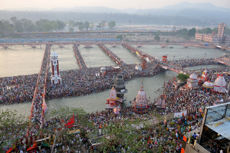 Haridwar April 14th 2010: Pilgrims gather at the third Shahi Snan in Har ki Pauri to take the Royal Bath in the Ganges. Video still from the documentary "Amrit Nectar of Immortality"