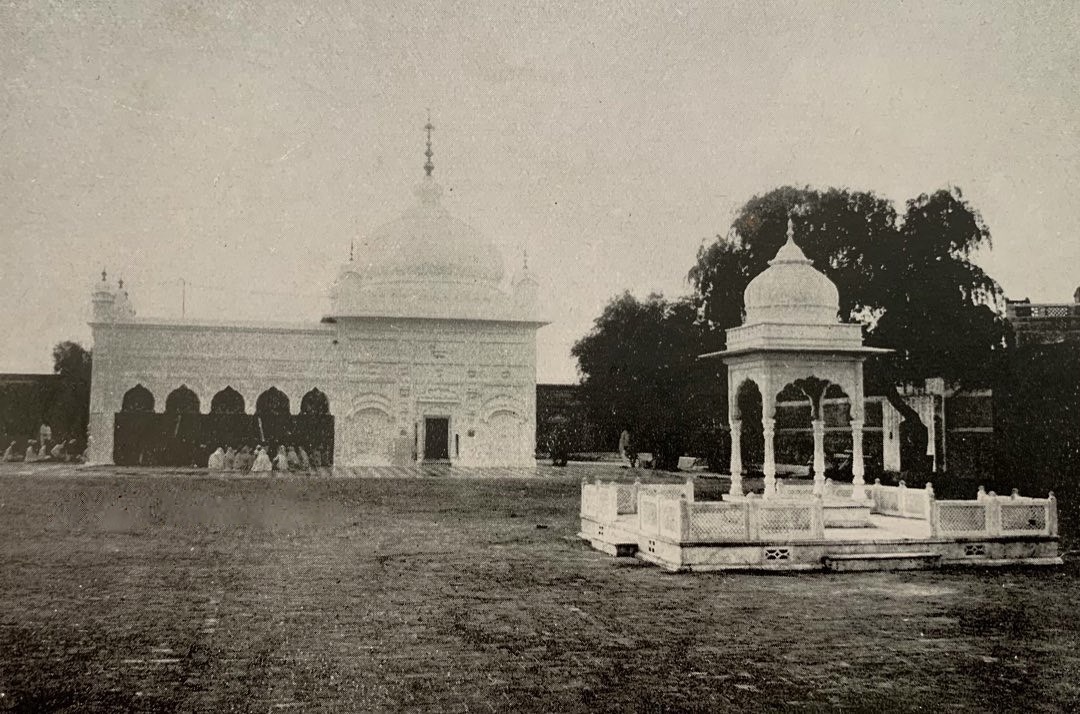Photograph of Gurdwara Janam Asthan [alt. known as 'Gurdwara Nankana Sahib'] in Nankana Sahib, 1935. 
The Janam Asthan [sacred birthplace that is marked by the main shrine], Shahid Ganj [place of martyrdom], and Shahidi Jand [martyrs' tree], from which many Sikhs were tied upside-down and were burnt-alive during the Nankana massacre [alt. known as 'Saka Nankana'] of 1921, are visible.