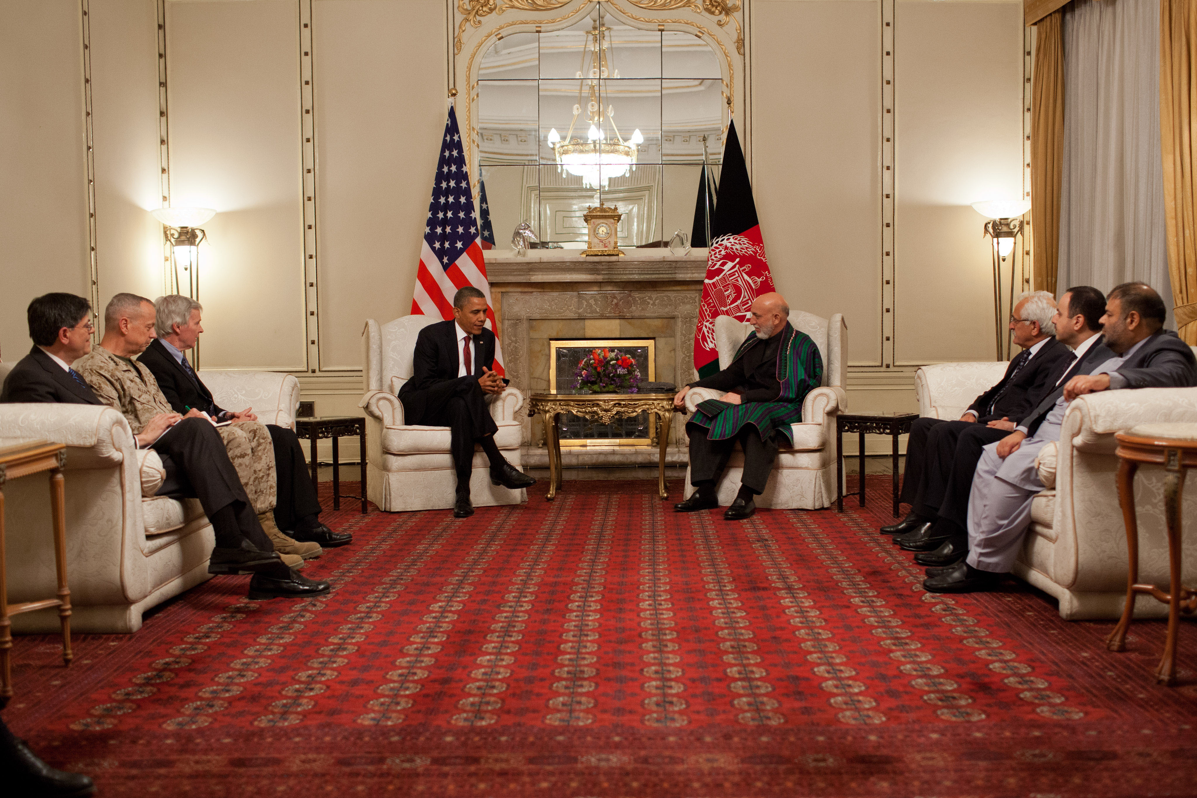 President Barack Obama participates in a bilateral meeting with Afghan President Hamid Karzai at the Presidential Palace in Kabul, Afghanistan, May 1, 2012. (Official White House Photo by Pete Souza)