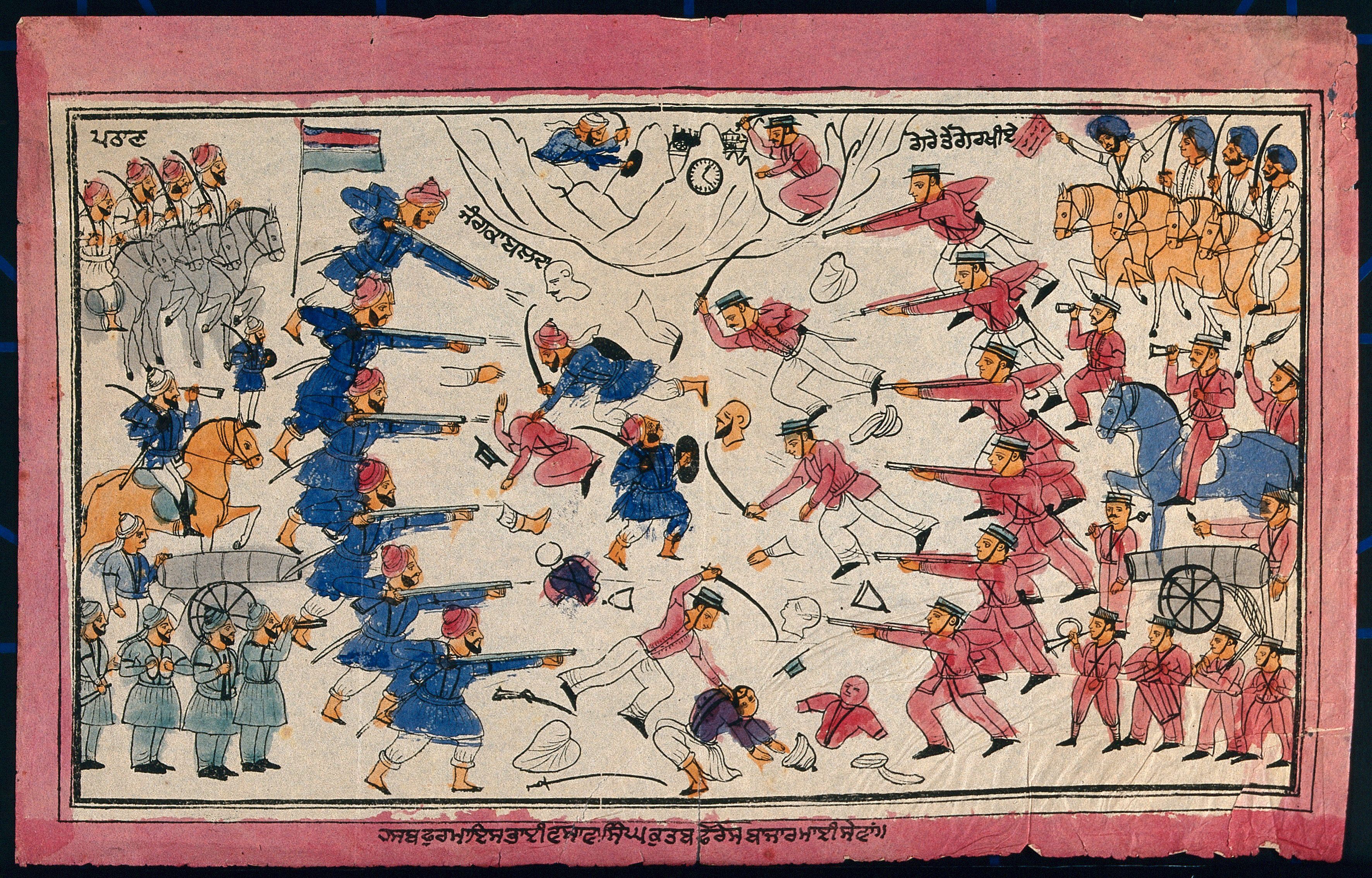 Battle in Kabul. Coloured transfer lithograph. The print depicts a battle in Kabul between the Afghans versus the Sikhs, Gurkas, and British in 1842. Web source link.