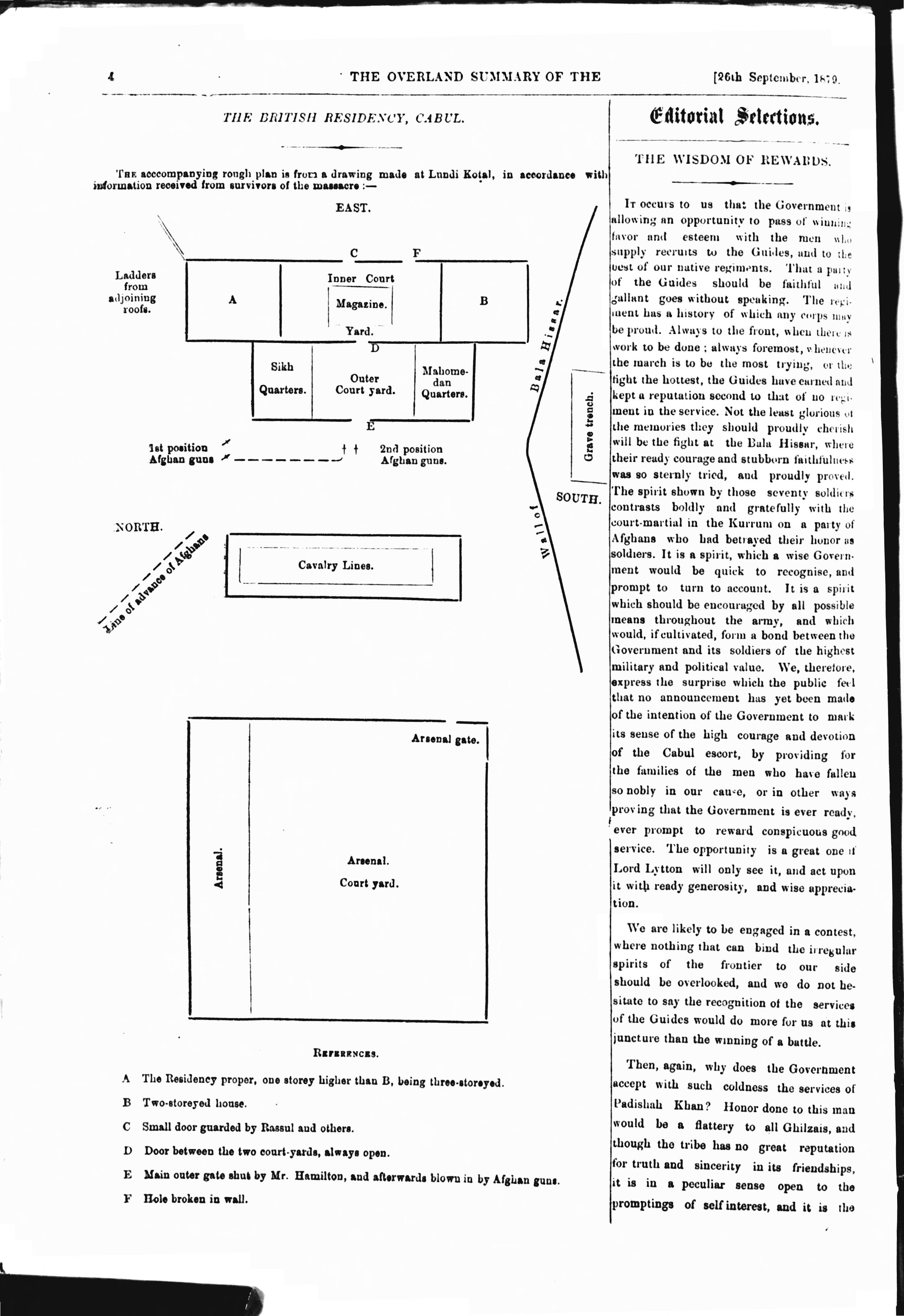 Plan map of the Siege of the British Residency in Kabul (1879), The Indian Daily News, Tuesday 23 September 1879 (no. 621). The siege of the British Residency in Kabul was a military engagement of the Second Anglo-Afghan War.