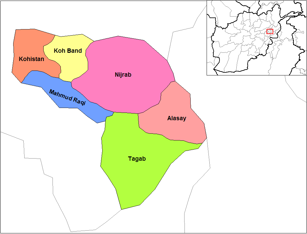 Map of the districts of Kapisa province of Afghanistan. Created by Rarelibra 19:26, 29 March 2007 (UTC) for public domain use, using MapInfo Professional v8.5 and various mapping resources.