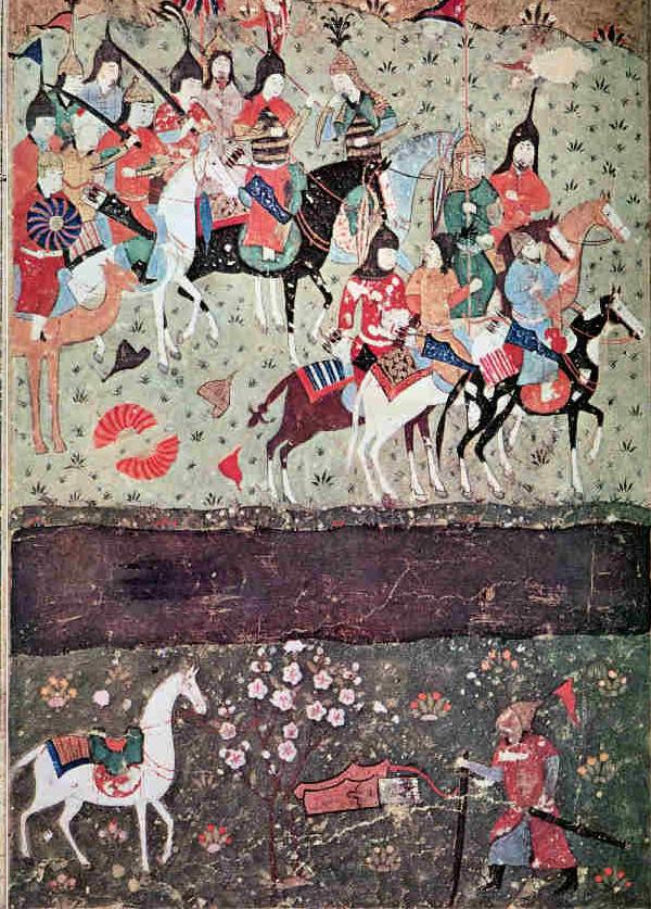 Chingis Khaan and his retinue watch in amazement as the Khorezmshah Jalal ad-Din prepares to cross the Indus.