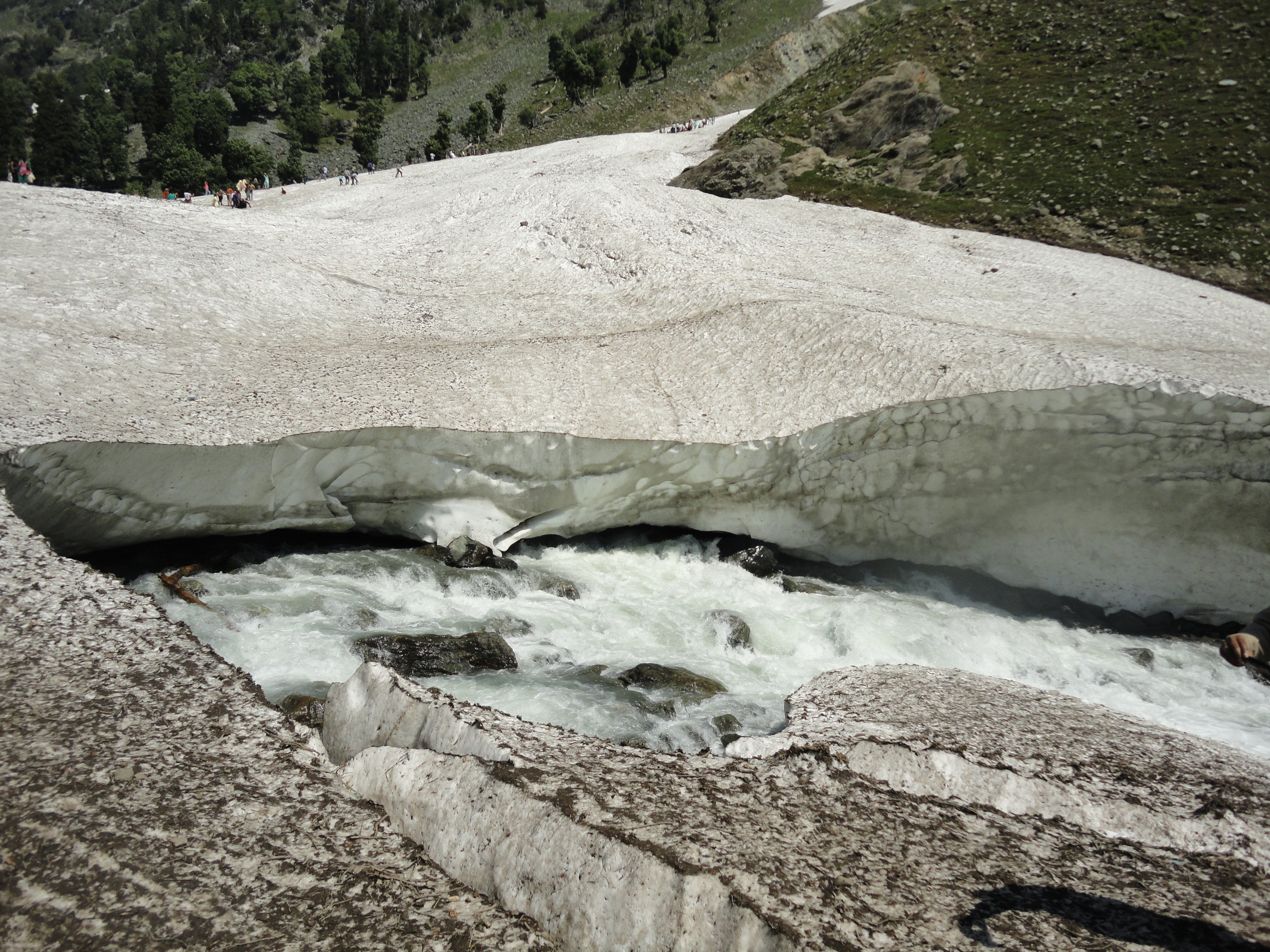 This picture shows glacier over Lidder River in a place called Chandanwari on the way to Amarnath Temple in Jammu and Kashmir