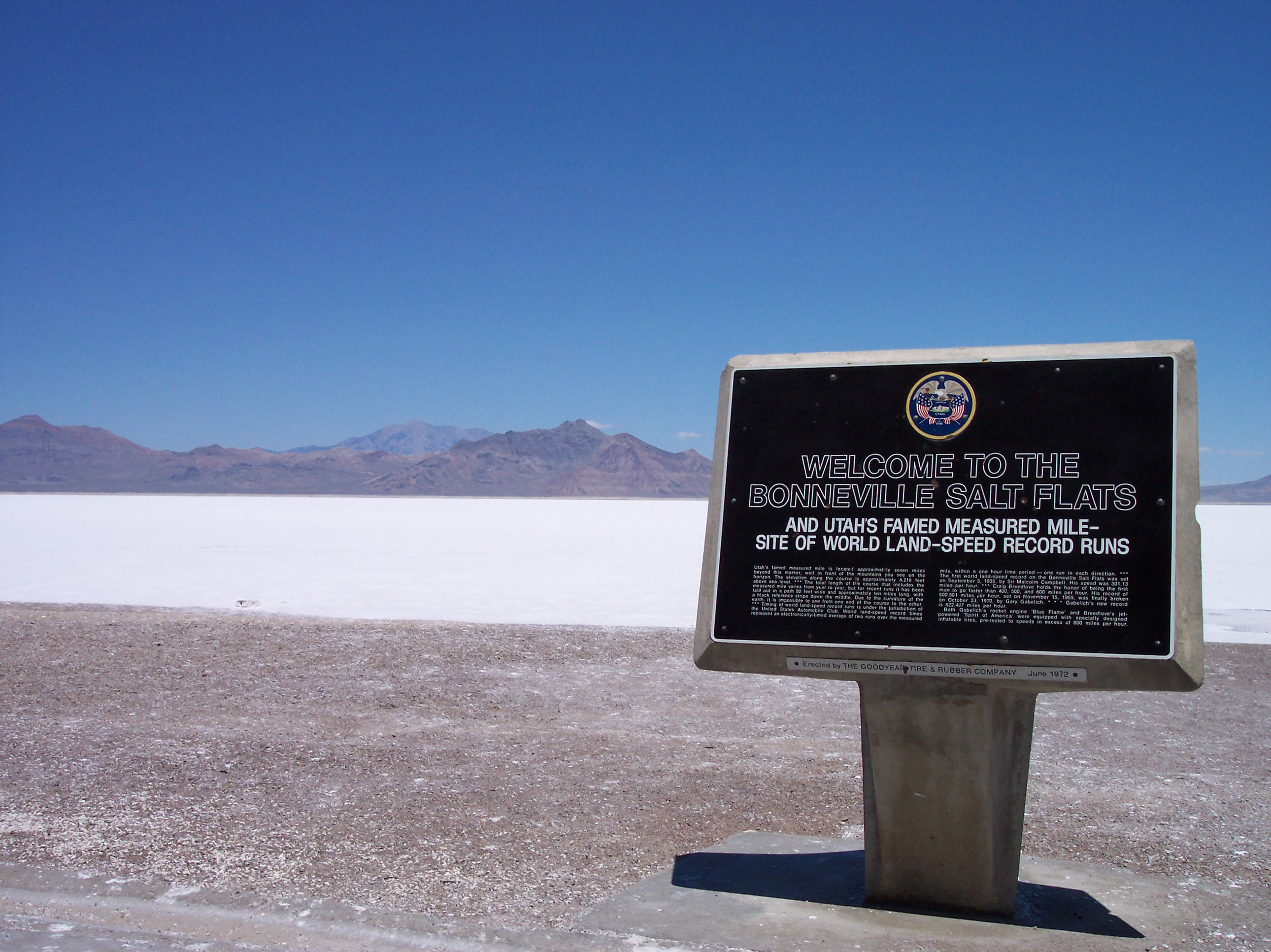 The Bonneville Salt Flats as seen from a rest area along Interstate 80. The en:Pilot Peak (Nevada) Landmark, of the Pilot Range is visible beyond the closer mountain range, (the en:Silver Island Range). 
Picture by Drax Felton.