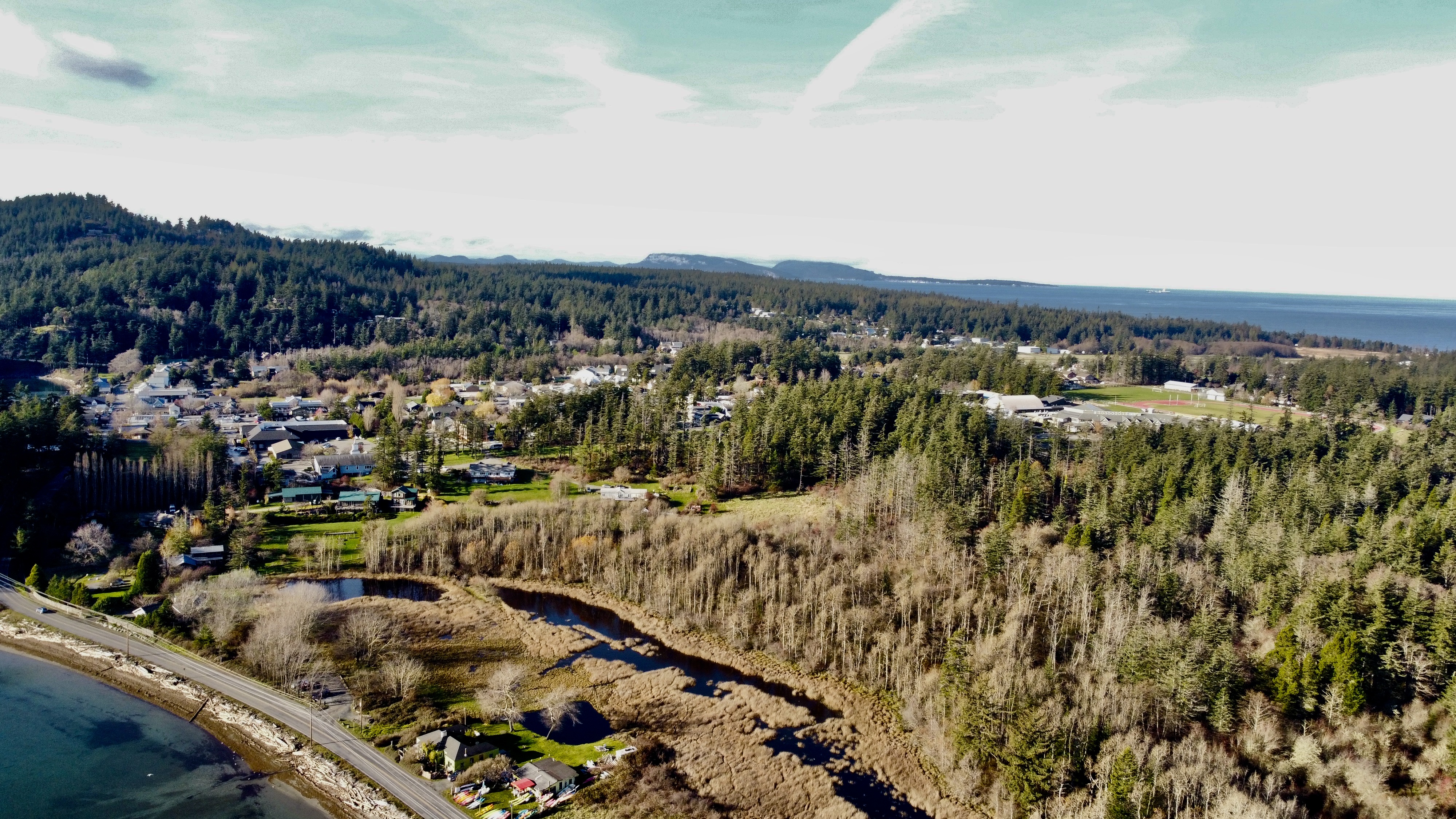 An aerial view of Eastsound, Washington, around 400’ above Ship Bay facing West.