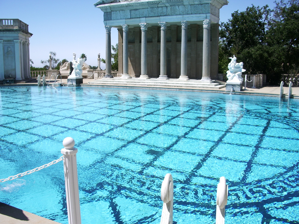 One of the centerpieces of the private residence of William Randolph Hearst, is this outdoors swimming pool. It is decorated with the facade of a Roman temple as well as sculptures made of marble from the Dolomites in Italy. (Italy now bans export of Dolomite marble.)
In the present day, California runs Hearst Castle as a state park, offering several guided tours. The Neptune Pool serves as the starting point for all guided tours.

I am making Hearst Castle a stop during a drive up the Central California coast on my way to the San Francisco Bay Area.