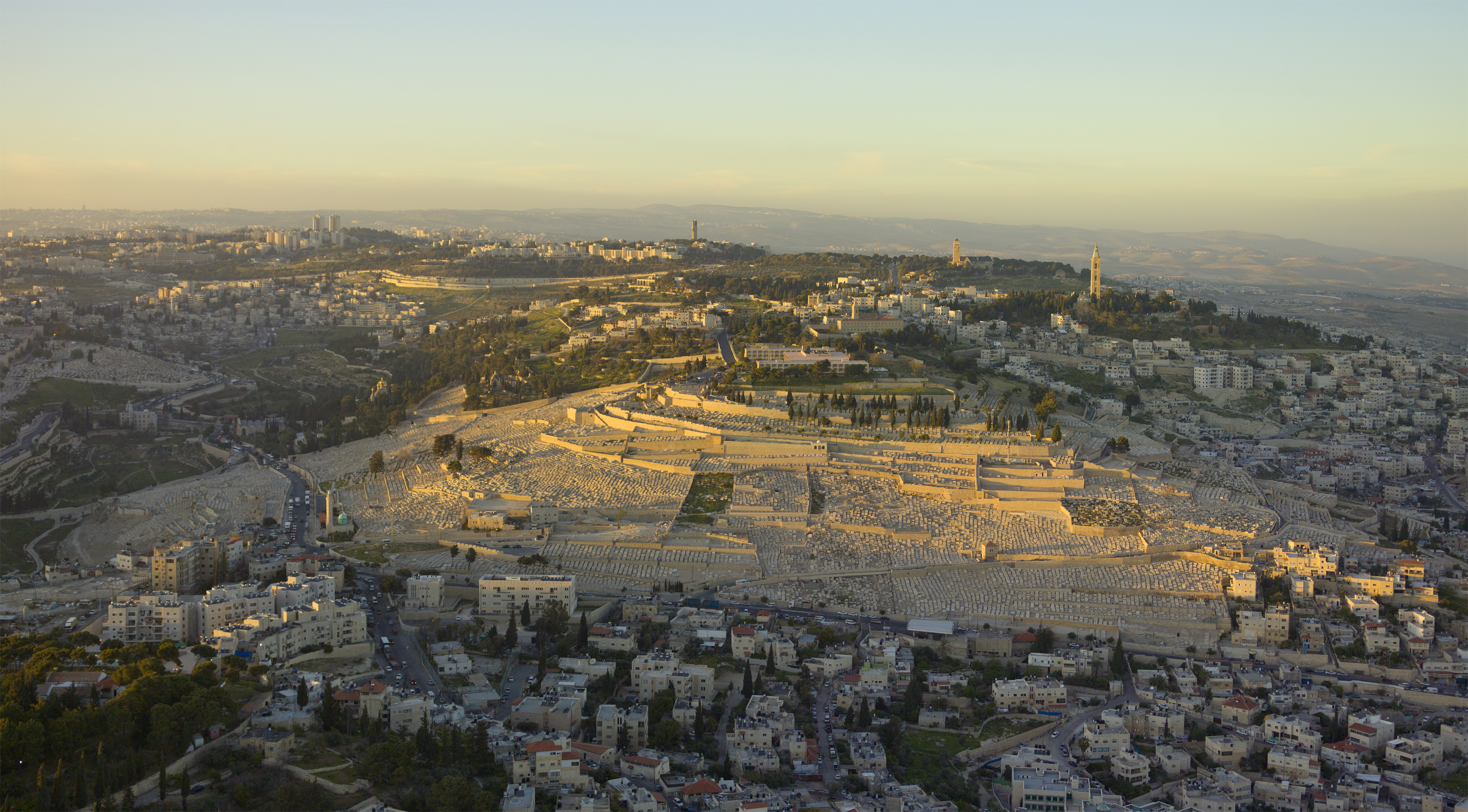 Sunset aerial photograph of the Mount of Olives in Jerusalem (view from the south).