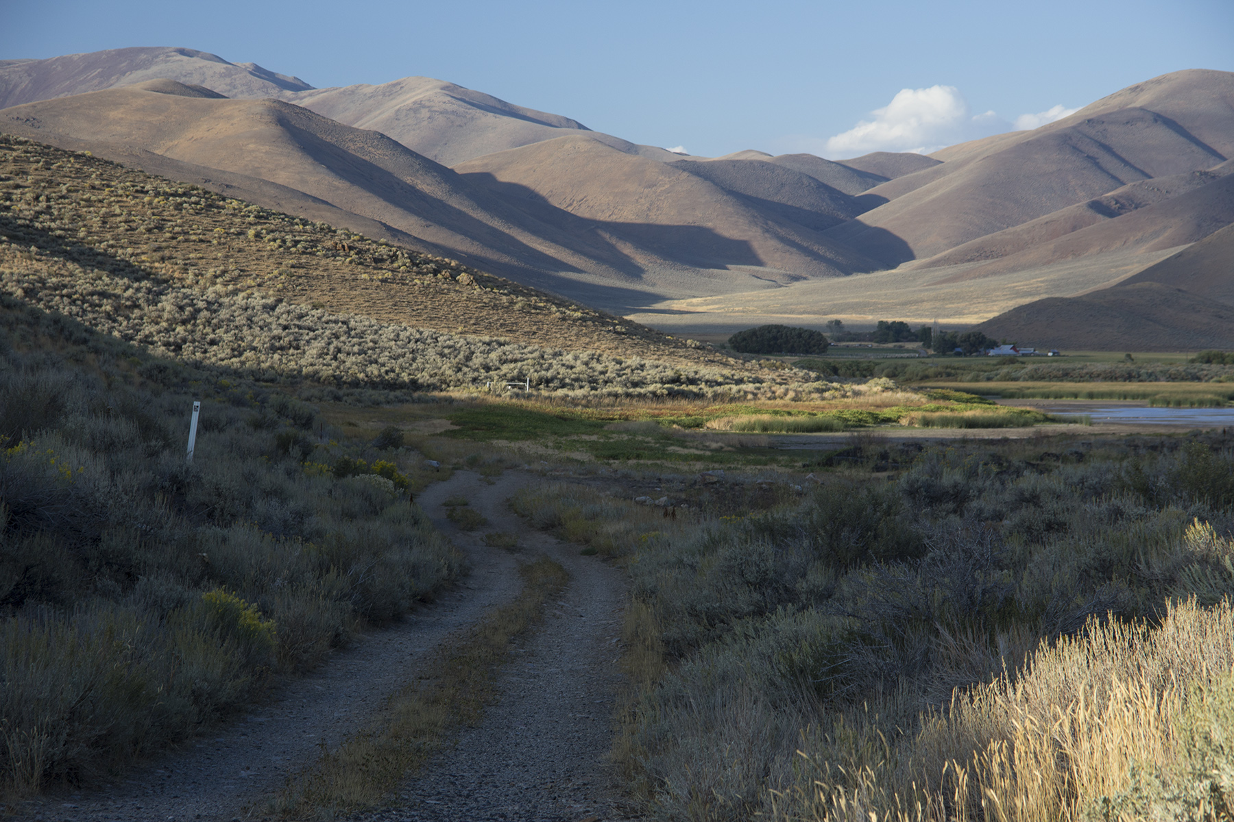 Goodale's Cutoff of the Oregon Trail at Lava Lake, west of Arco, ID and east of Carey, ID along US 26, 20, 93. Picture of current two track along section of the cutoff of the Oregon Trail.
