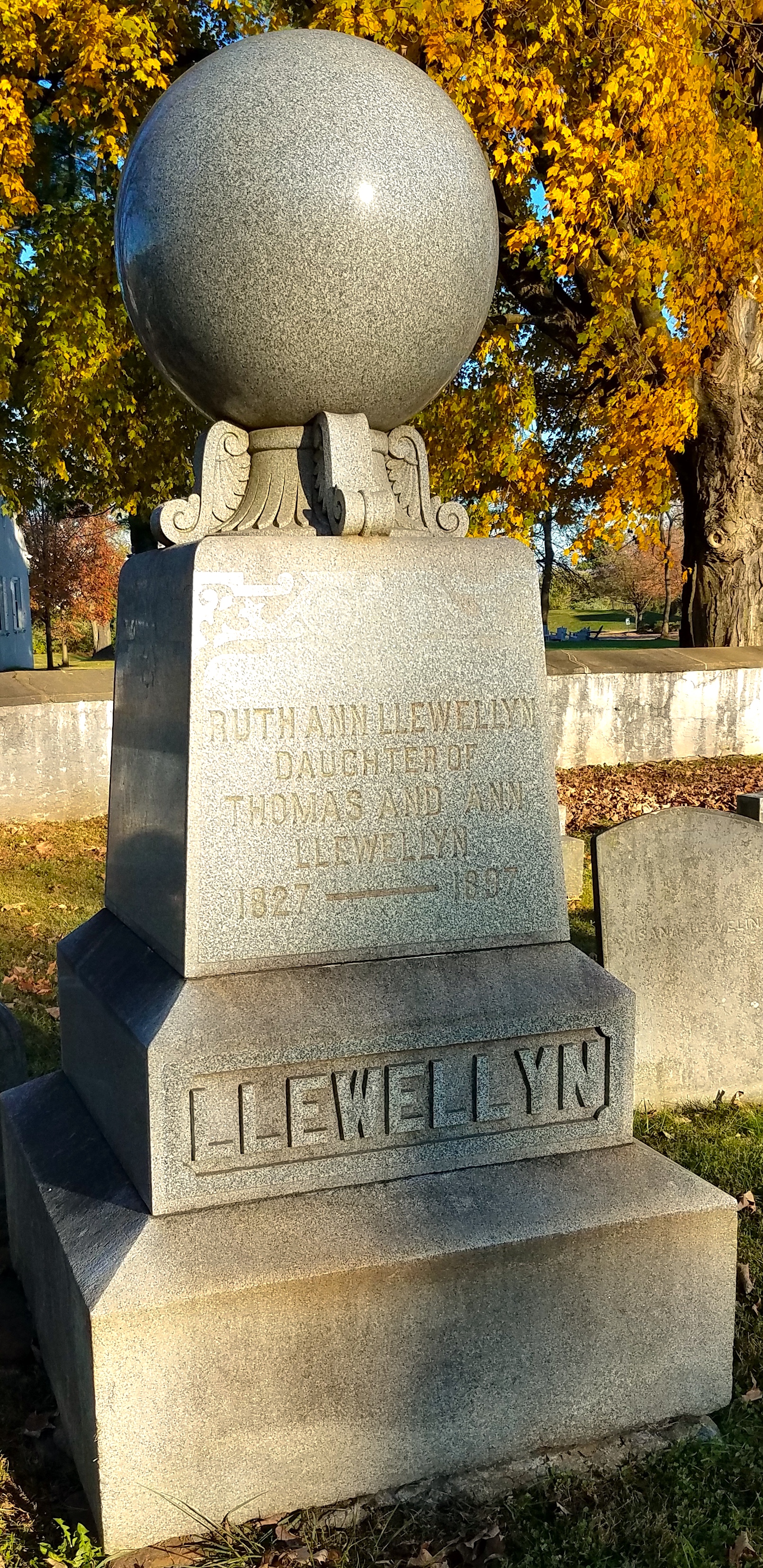 Tombstone topped with orb symbol, churchyard of St. Peters Church in the Great Valley, Malvern, Pennsylvania, United States
